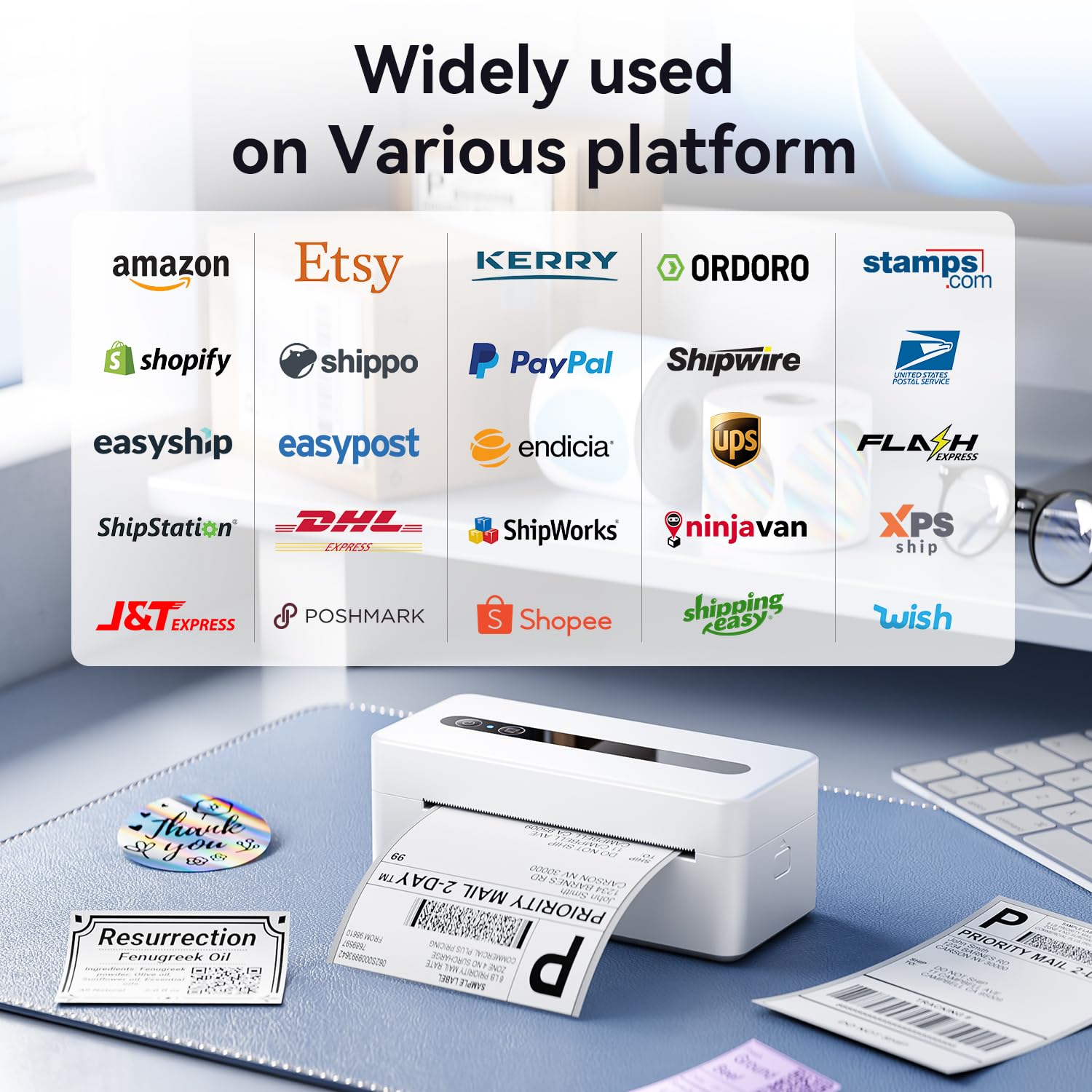 TATTMUSE Etykieta termiczna do łączności Bluetooth i USB, drukarka etykiet ekspedycyjnych 4x6, kompatybilna z Vinted, Amazon, Cdiscount, Leboncoin, UPS, Shopify, biała