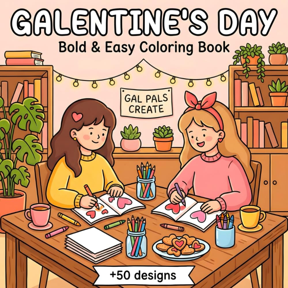 Galentine's Day Bold & Easy Coloring Book: Cute & Cozy +50 Designs | Fun & happy hangouts Moments for Relaxation & Stress Relief