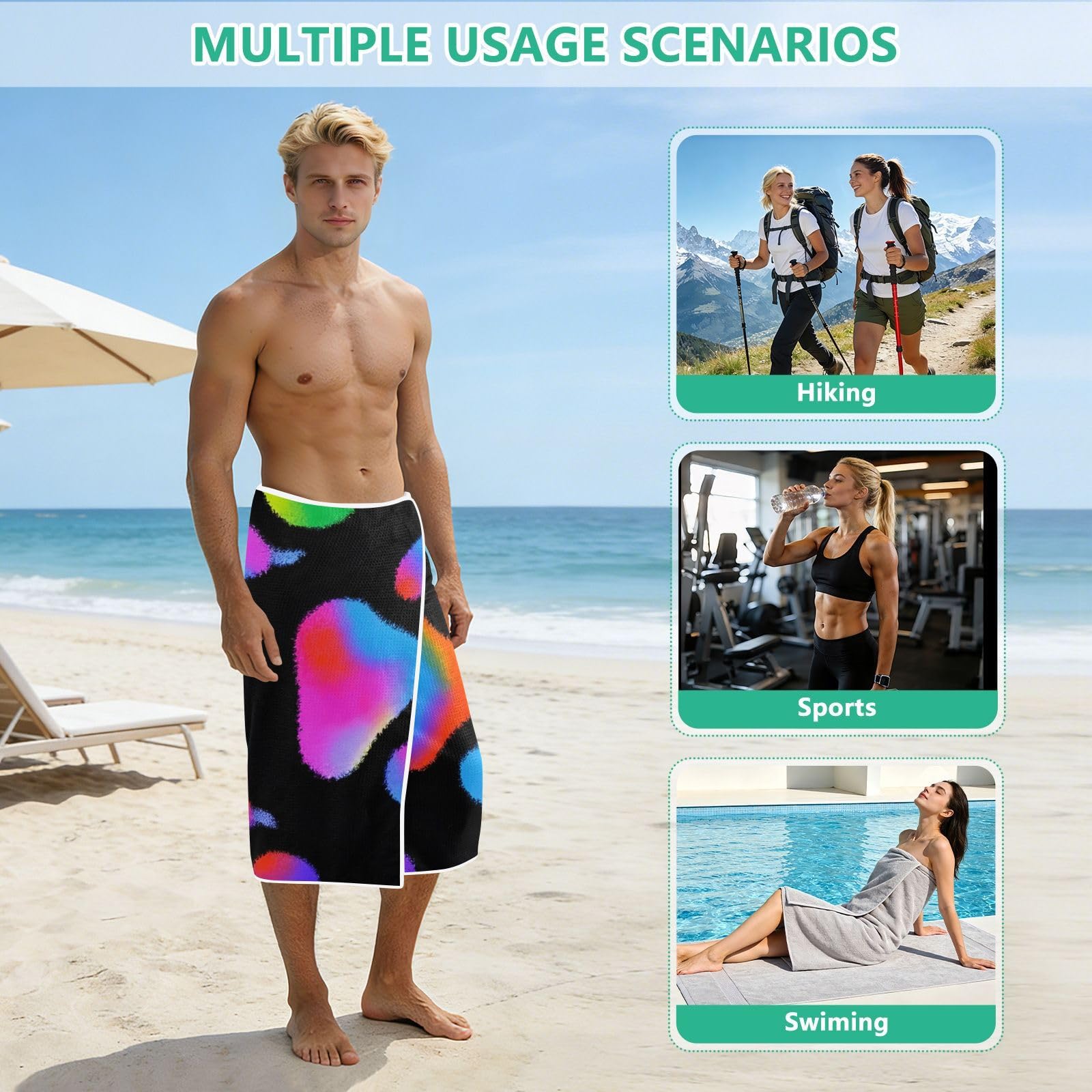 Toallas de playa grandes con bolsas de malla para adultos, toalla de baño de pata de perro neón con cierre magnético, toalla absorbente de secado rápido para piscina, camping y viajes, 190 x 80