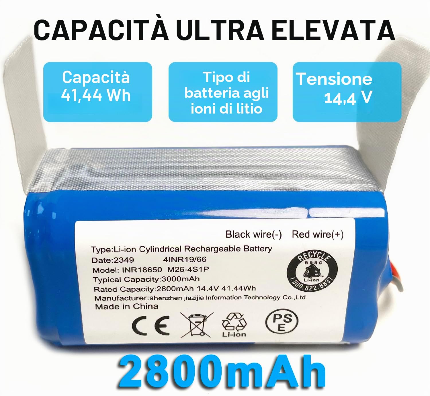XITAIAN Batteria di Ricambio 14.4V 2800mAh INR18650 M26-4S1P 4INR19/66 per Shark Ion RV1000S RV1100VL RV101AE UR1000SR RV850 RV850BRN RV850WV RV851WV RV871 RV871C RV700_N RV720_N RV725_N(2-Prong Plug)