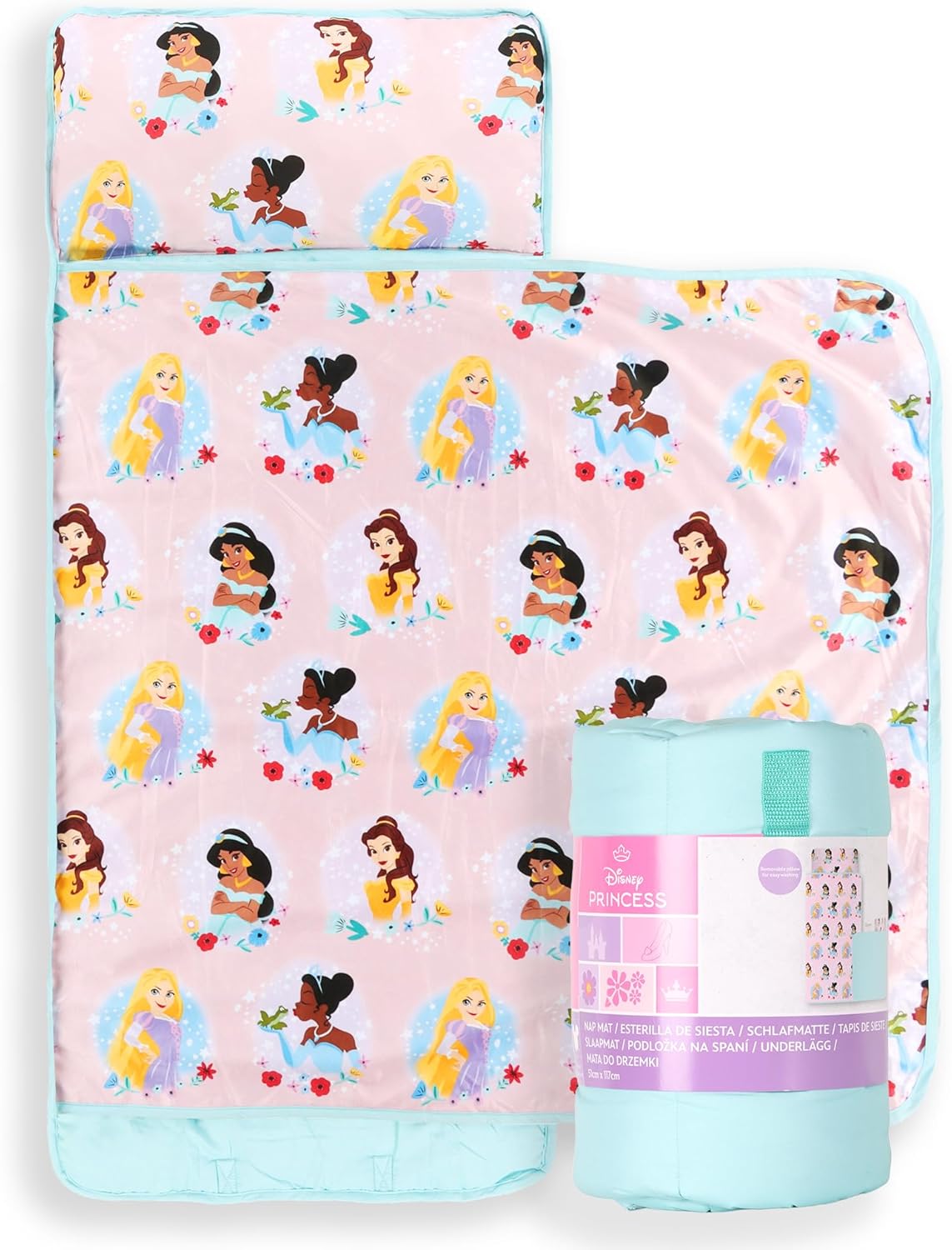 Jay Franco Kids Nap Mat with Embedded Pillow & Blanket – Soft 46"x20" Microfiber Sleeping Bag with Name Tag & Handle for School, Travel, Sleepover Pink - Disney Princess
