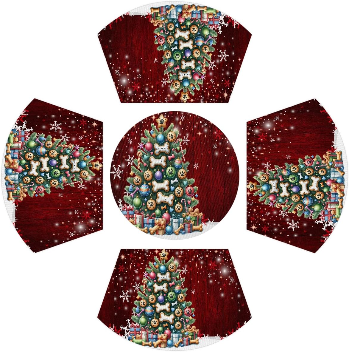 Christmas Tree Dog Food Decoration Wedge Placemats Set of 4+1pcs PVC Washable Wedge Place mats Round Table mat Wipeable Plastic Dining Table mats for Kitchen Indoor Outdoor Patio Table Decor
