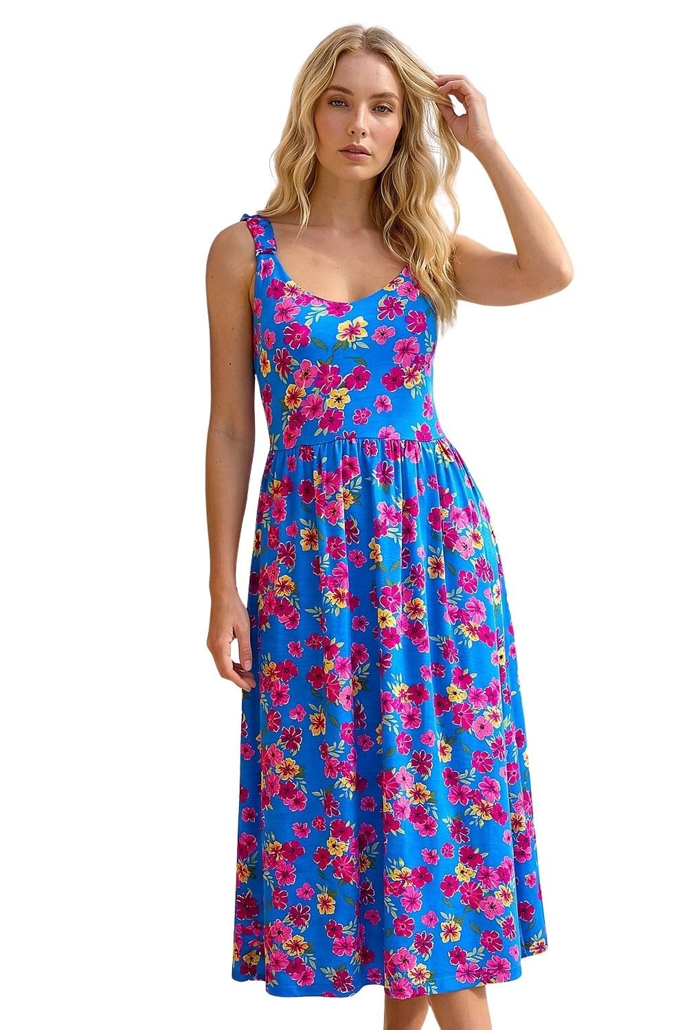 Roman Women's Floral Shirred Strap Midi Dress in Blue | Size: 18