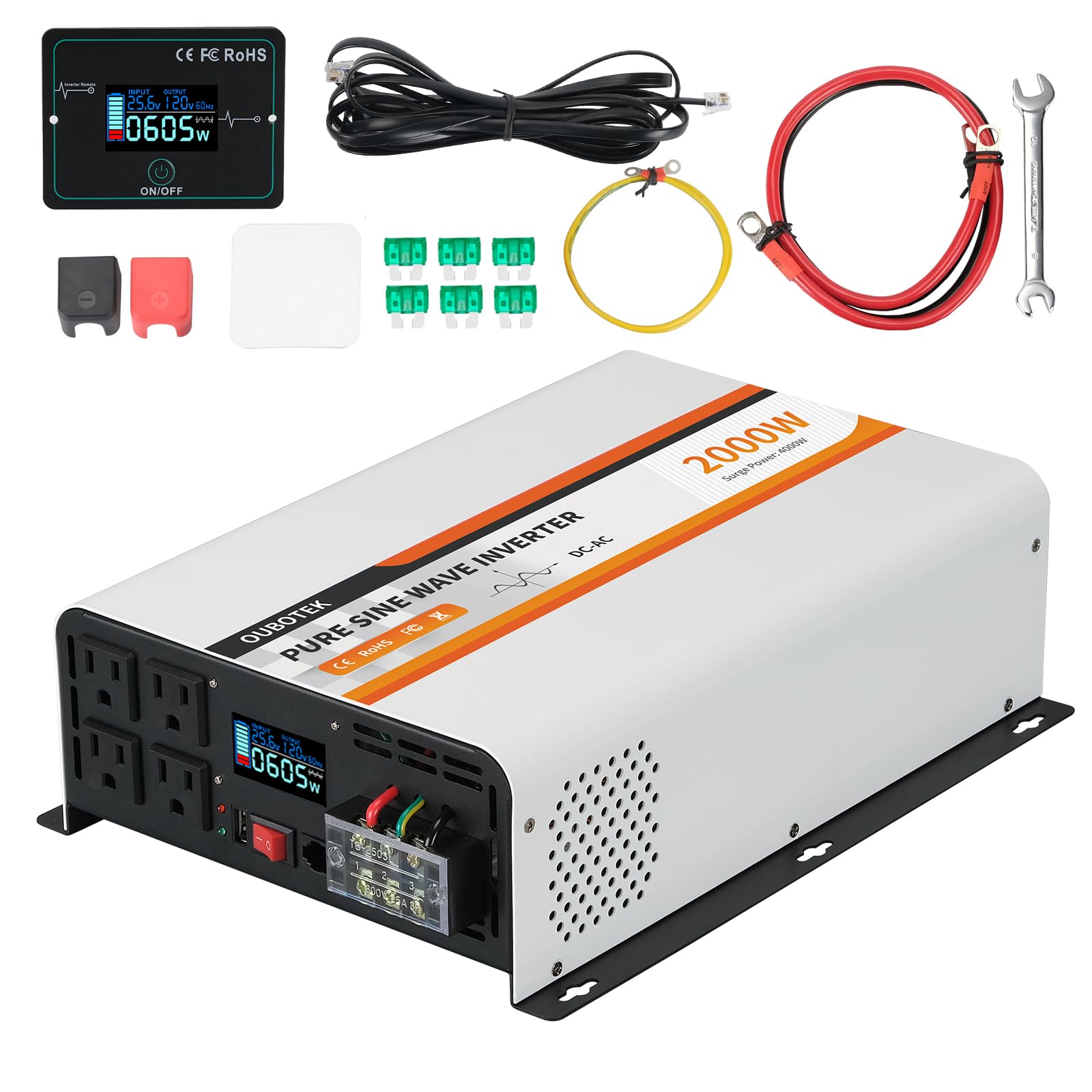 2000w pure sine wave inverter 24v dc to 120v ac converter for truck boat camping outdoor solar system, 2000 watt power inverter with lcd display, remote controller, usb port, 4 ac outlets
