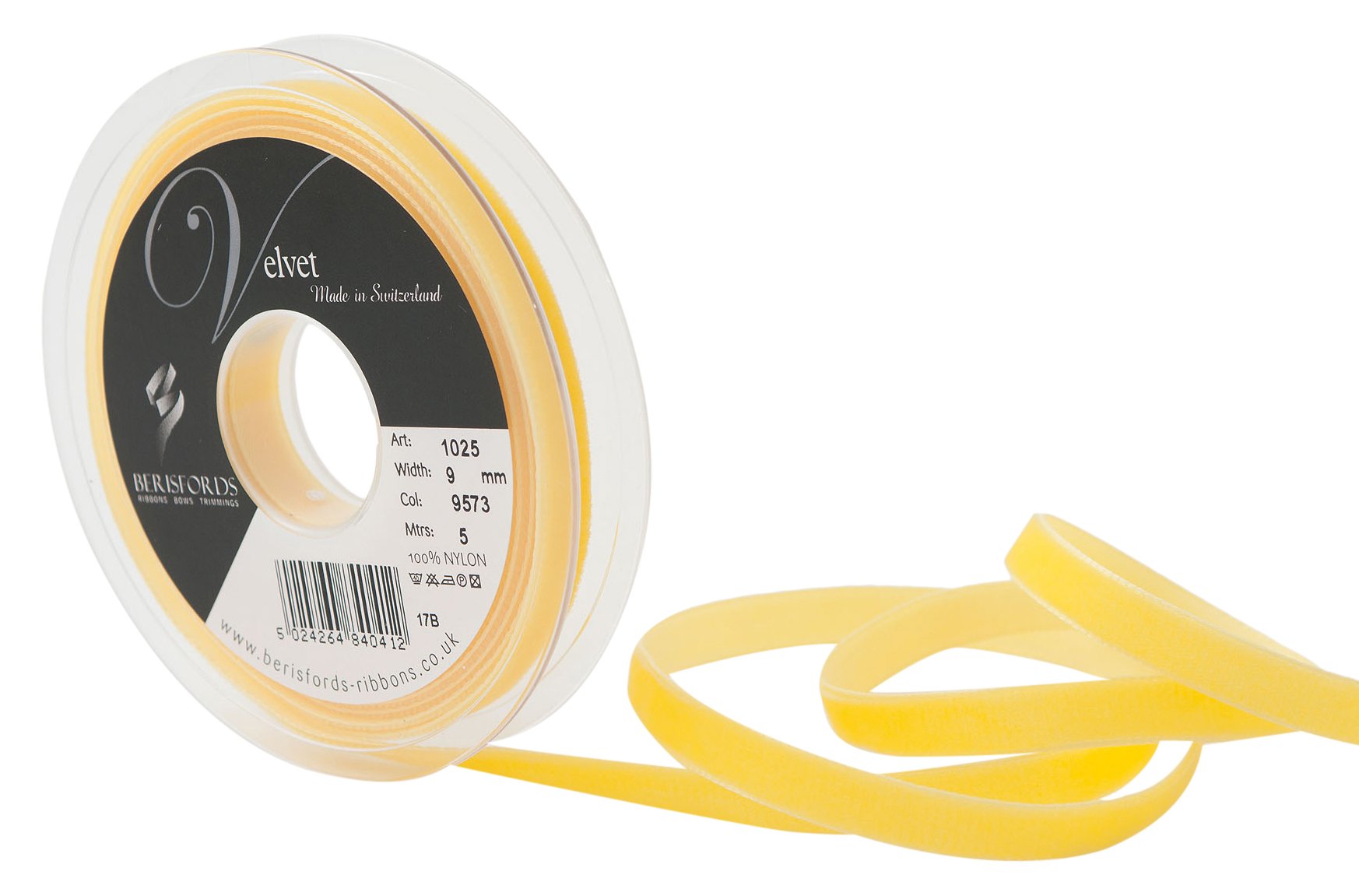 Berisfords Velvet Ribbon, Yellow, 102 x 15 x 102 cm