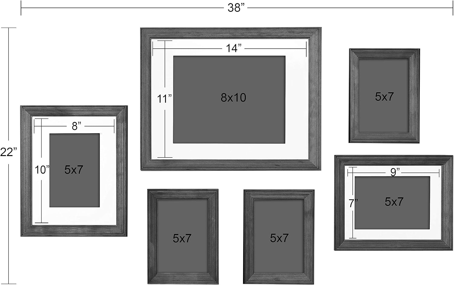 Kate and Laurel Bordeaux Gallery Frame Wall Kit, Set of 6 with Assorted Size Frames, Charcoal Gray