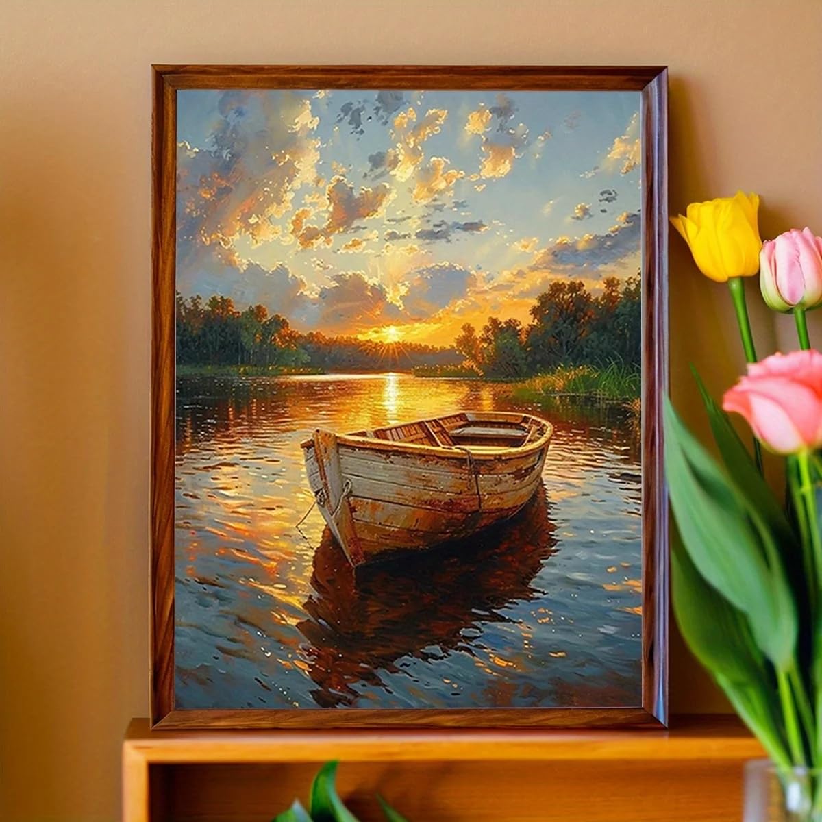 LTjiajuypd Canvas Prints Painting Featuring a Serene Sunset Over a Lake with Boats, for Family Bedrooms(70x110cm/Frameless)