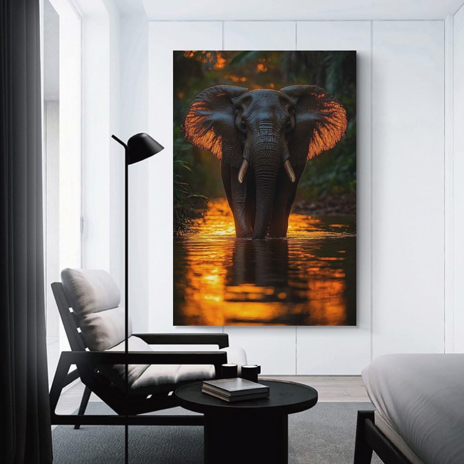 Junmoney Unframe-Style-11 Elephant In Golden Water Canvas Wall Decor 24X36inch(60X90cm), For Corridors, Hallways Or Apartment Entries, A Stylish Accent For Home Entrances