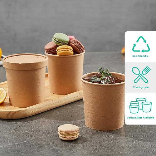Miniatura 6 de Paquete de 50 recipientes de sopa de papel de 16 onzas con tapas vasos desechables de papel kraft para alimentos tazas de helado almacenamiento de