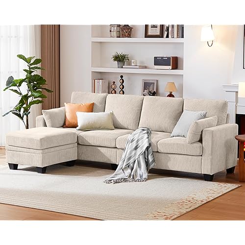 CHIC HOUSE Corduroy Modular Sectional Couch with Ottoman Chaise, L/U Shaped Sleeper Sofa for Living Room, Apartment, Lounge, Modern Armrest Neck Support Furniture (5 Seater Sectional, Beige)