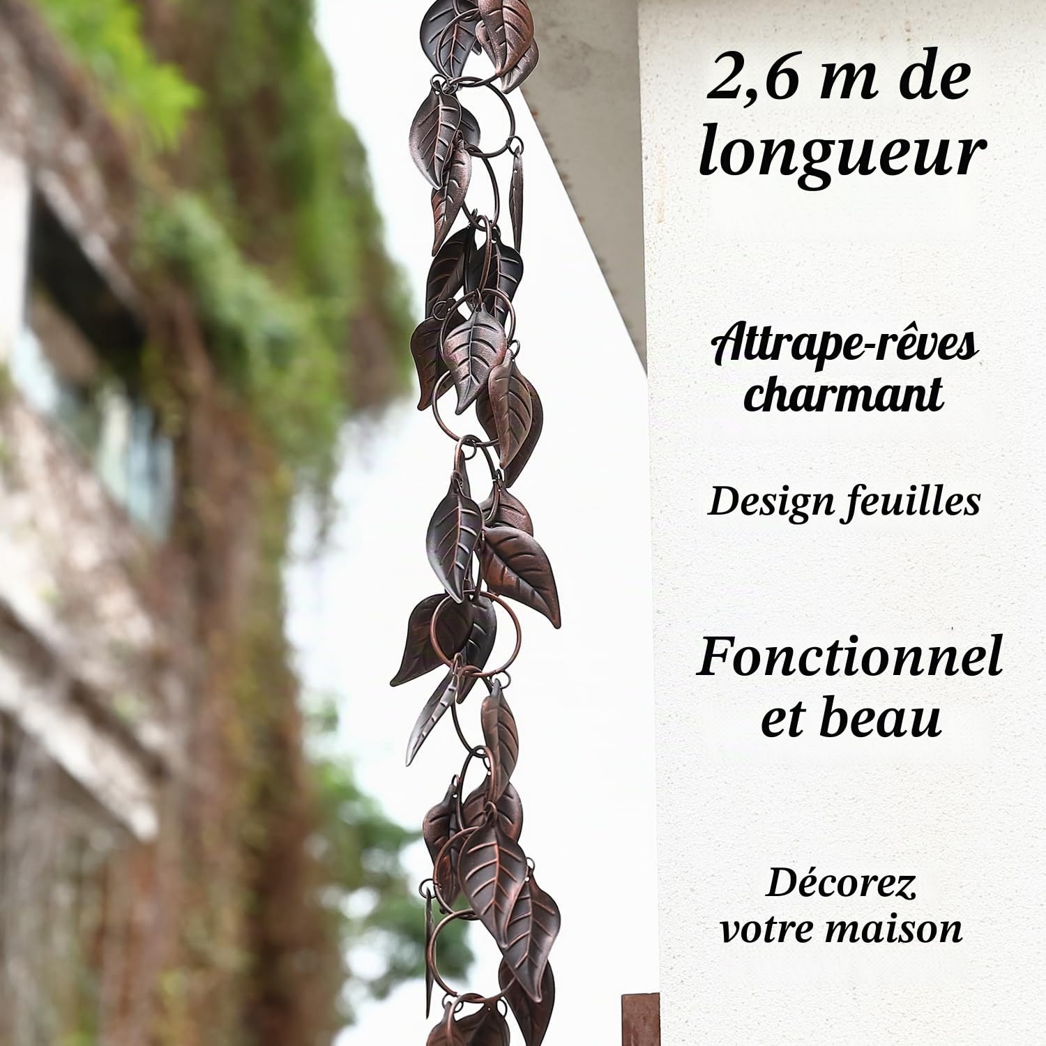 Chaîne de Pluie en métal pour gouttières et descentes pluviales - 2,6 m - Décoration pour l'extérieur - Cuivre Antique
