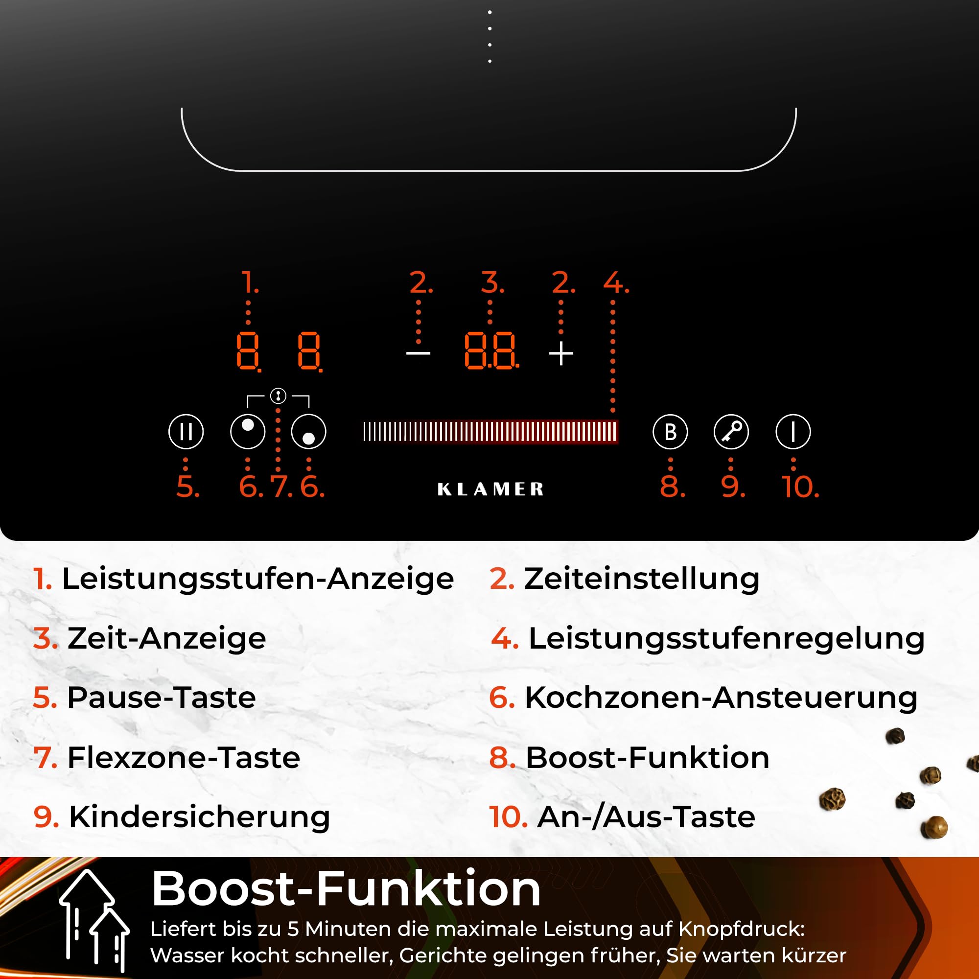 KLAMER Induktionskochfeld 30 cm 2 Zonen 1 Flexzone 3500 Watt Boost Funktion 9 Leistungsstufen Timer Kindersicherung