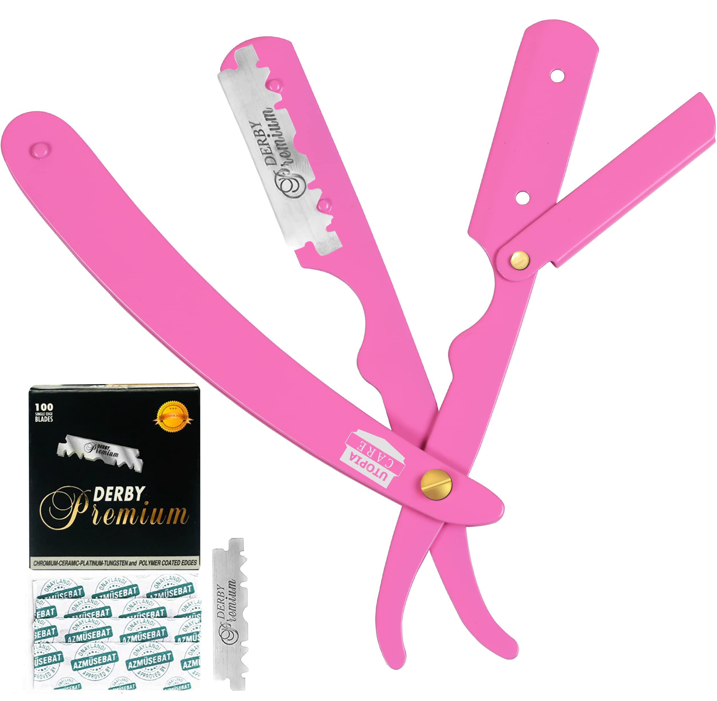 Utopia CareProfessional Straight Razor for Men, Barber Straight Edge Razor Safety with 100 Pack Blades, Pink