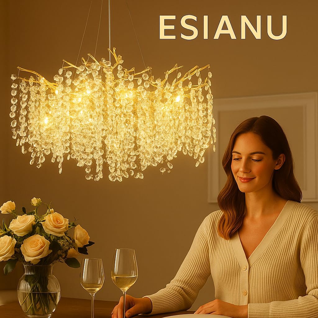 Modern Crystal Chandeliers for Dining Room, D24 Gold Tree Branch Chandelier Fixture 8 Lights Round Chandeliers Pendant Kitchen Island Snowflakes Chandelier for Living Room Bedroom