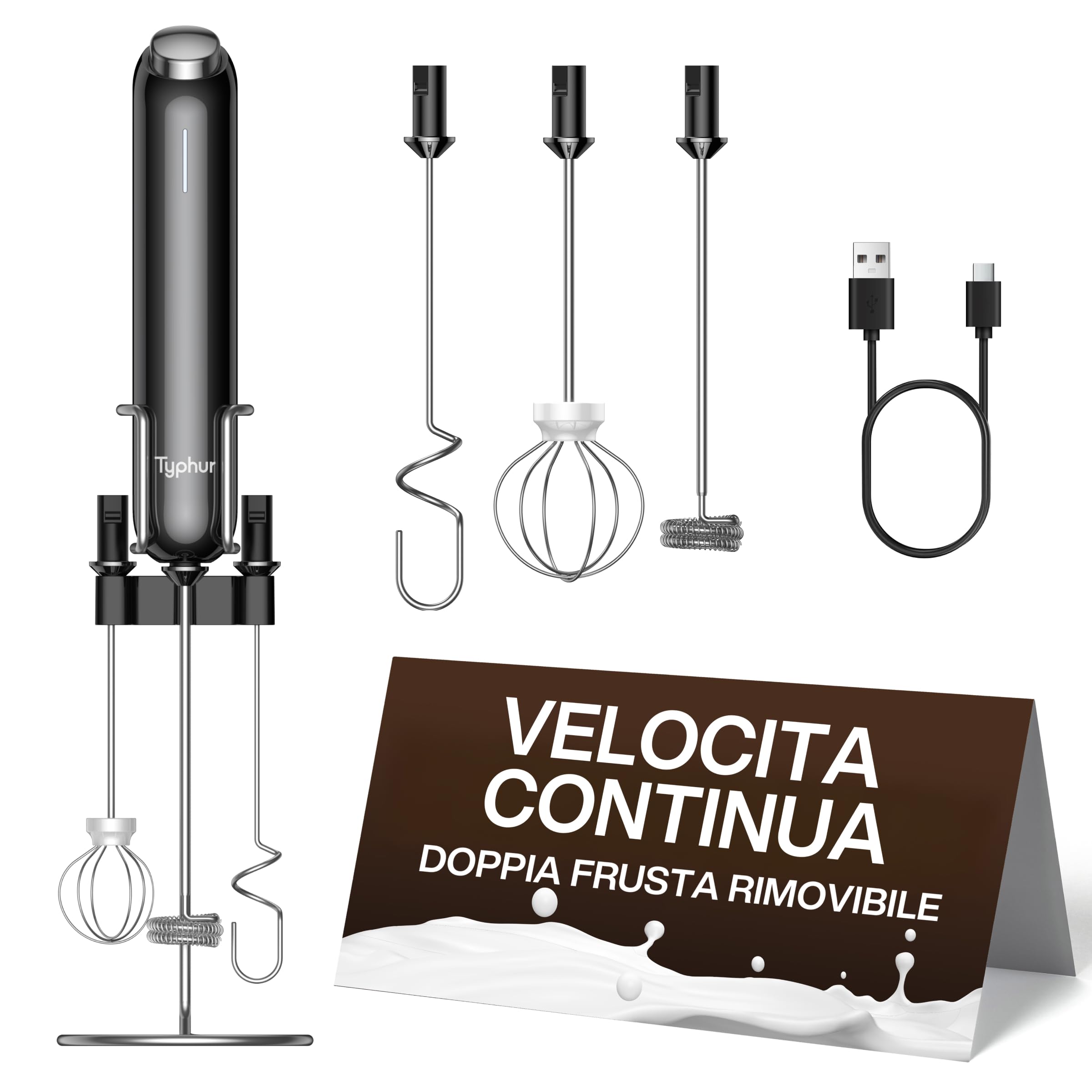 Typhur InstaWhisk Montalatte Elettrico Portatile, Velocità Variabile 1600-10000 RPM, 3 Fruste Removibili, Ricarica USB-C, Frullino per Cappuccino, Latte Macchiato, Cioccolata Calda, Bevande Vegetali