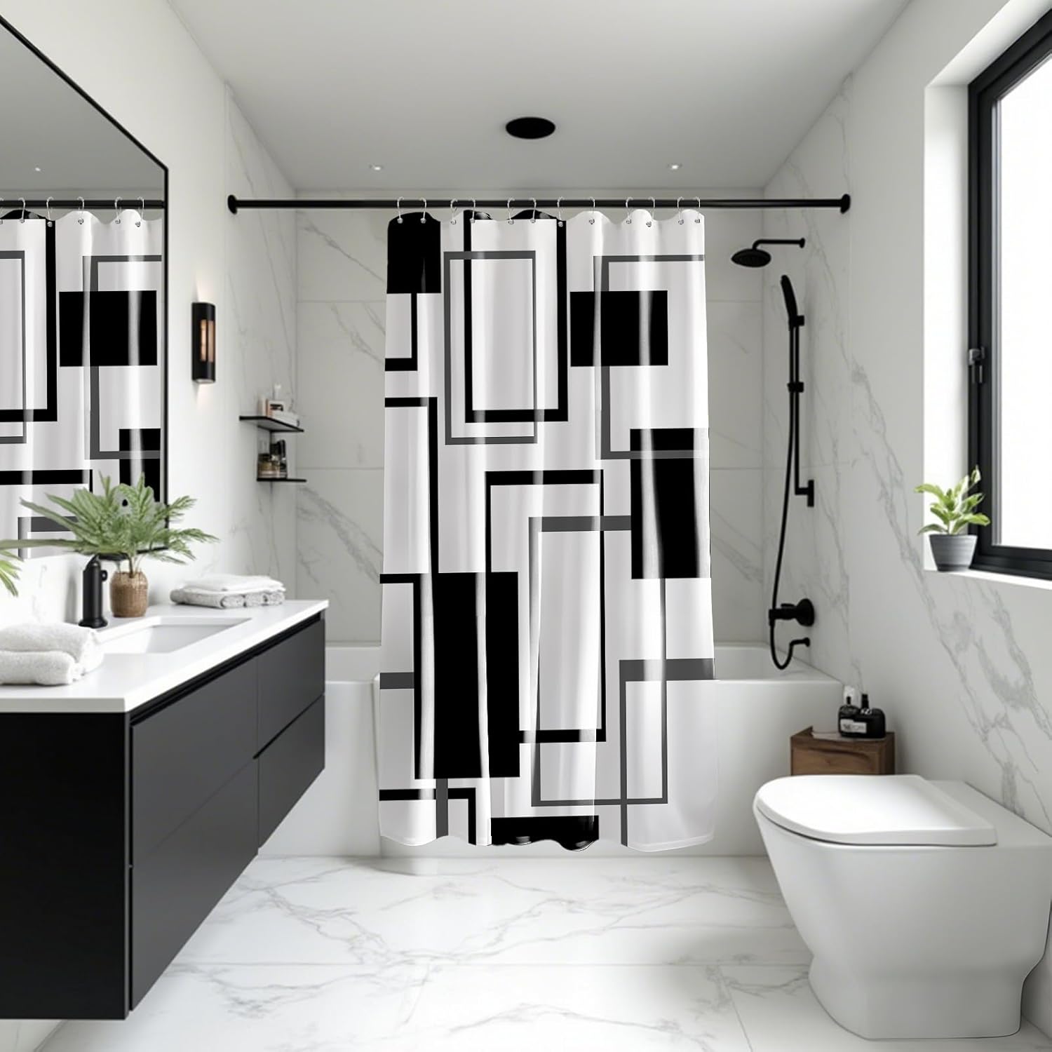 Black and White Shower Curtain Geometric Shower Curtains for Mens Bathroom Decor Black White and Grey Bath Curtain Set, Waterproof Cloth Fabric with Hooks 70 x 84 Inch