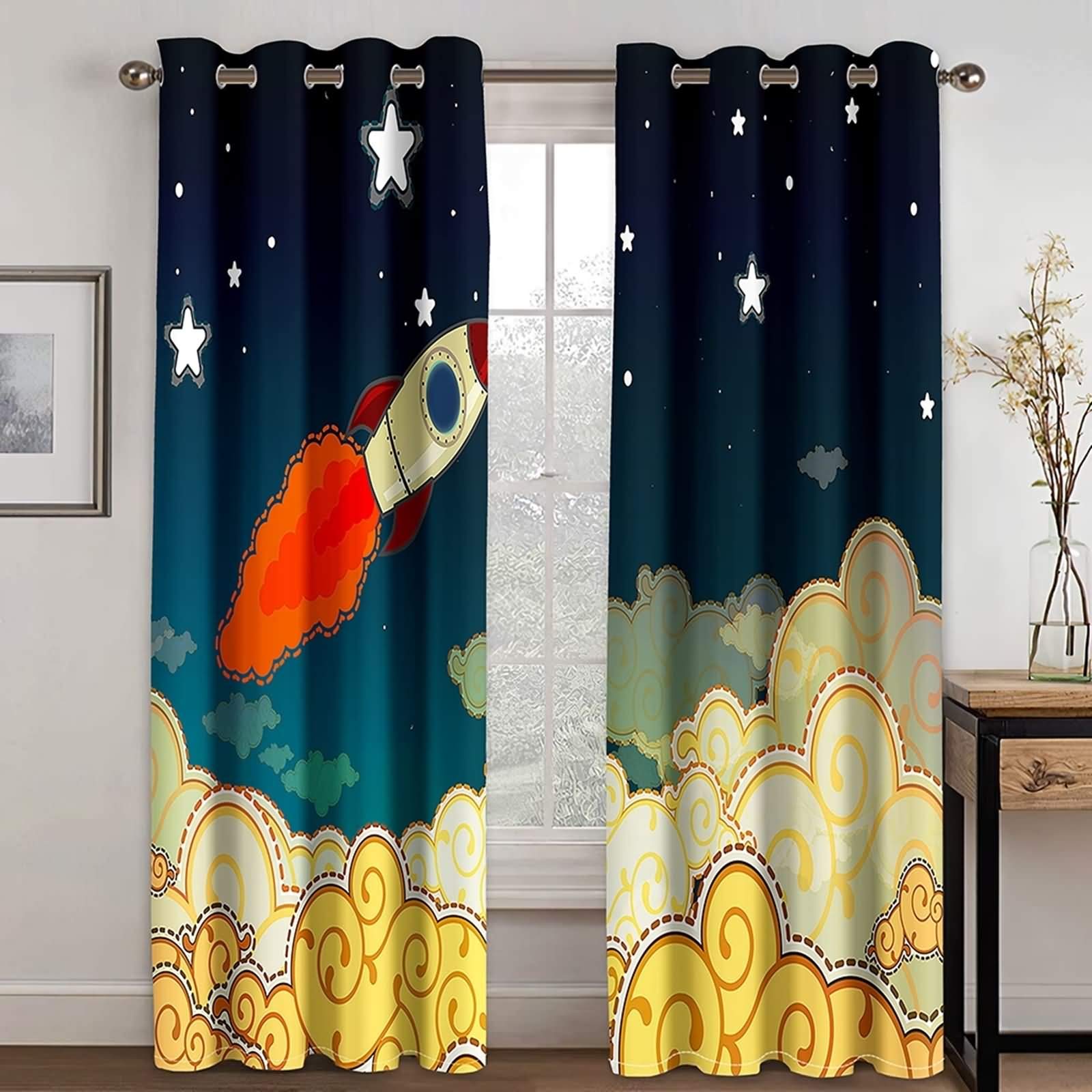Rideau occultant chambre enfant bleu et jaune imprimé fusée