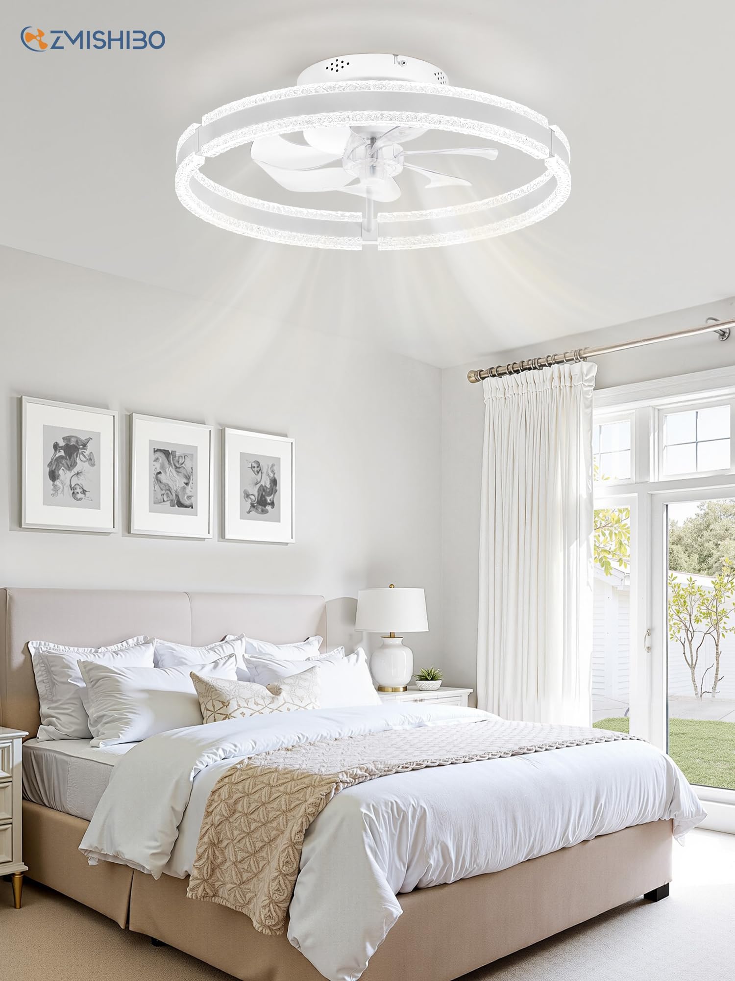 ZMISHIBO Ventilador de techo 51 cm con luz, patrón ondulado, doble anillo LED (blanco), APP y mando a distancia, 6 velocidades, giro adelante/atrás, 3000K-6000K regulable 10%-100%, memoria, temp. 2H
