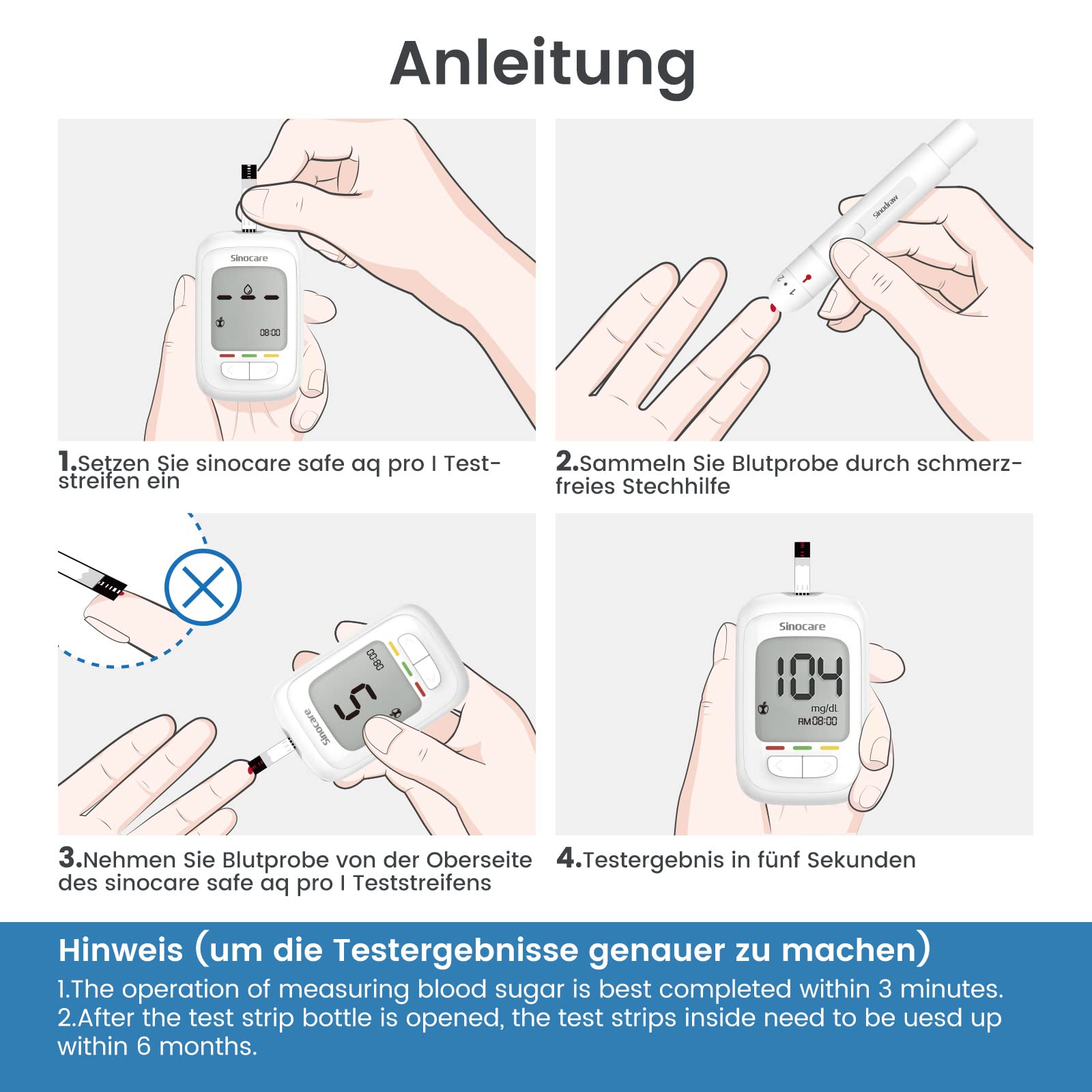 sinocare Blutzuckermessgerät Set, Upgrade Zuckermessgerät mit Teststreifen 50, Starter und Ältestenbedienung Freundlich(Safe AQ pro I Blutzuckermessgeräte Set 50)