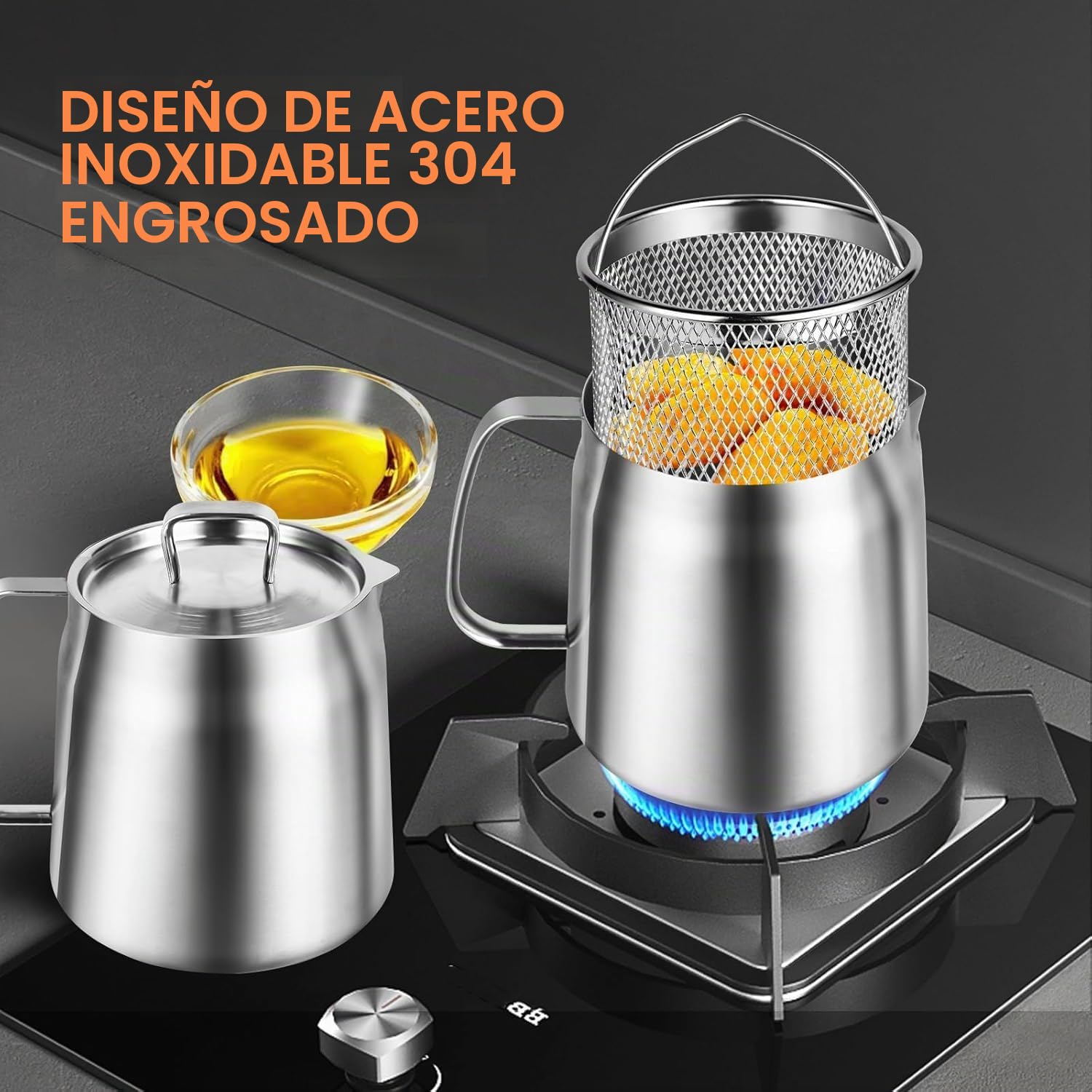 Cacerola para freír con filtro de malla fina, acero inoxidable, depósito de aceite de 2 l y recipiente de grasa para freír y grasa para alimentos, utensilios de cocina
