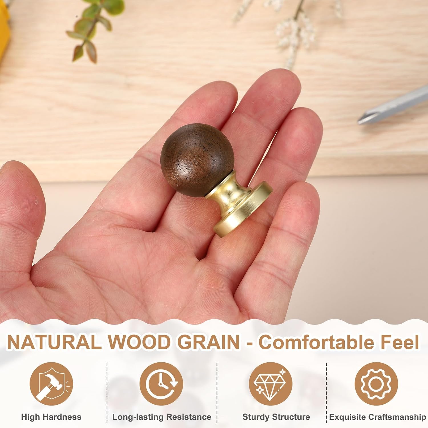 uxcell 2 Pcs Wood Cabinet Knobs, 1 Inch Round Single Hole Walnut Drawer Knobs Pulls with Copper Base for Furniture Closet Dresser, Brown Gold, 1.5"