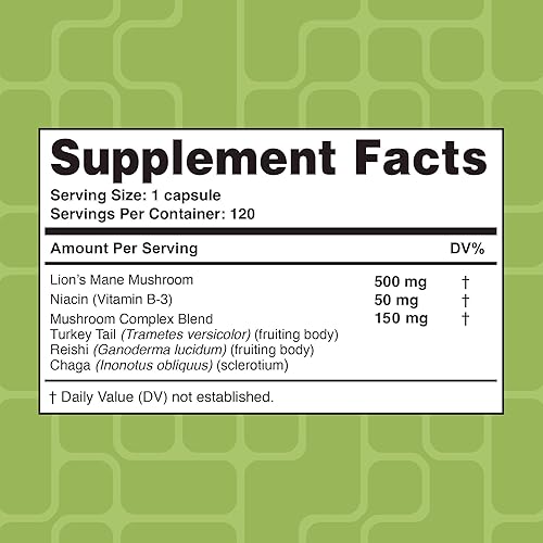 Miniatura 5 de Cápsulas de suplemento de hongo de melena de león con niacina Cápsulas complejas de hongos, con hongos de cola de pavo, hongo Chaga y extracto