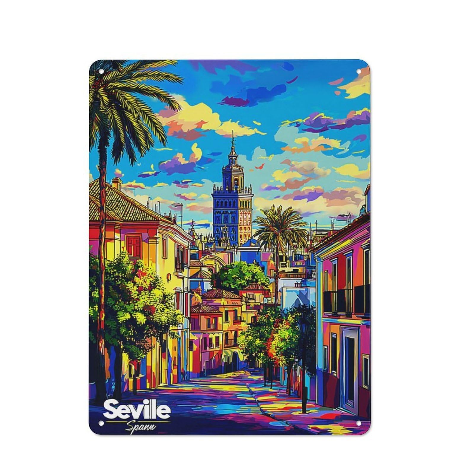 Junmoney Seville's Vibrant Streetscape Vintage Metal Gift Sign 40X30cm, Home Wall Decor For Bedroom, Kitchen, Office Or Living Room