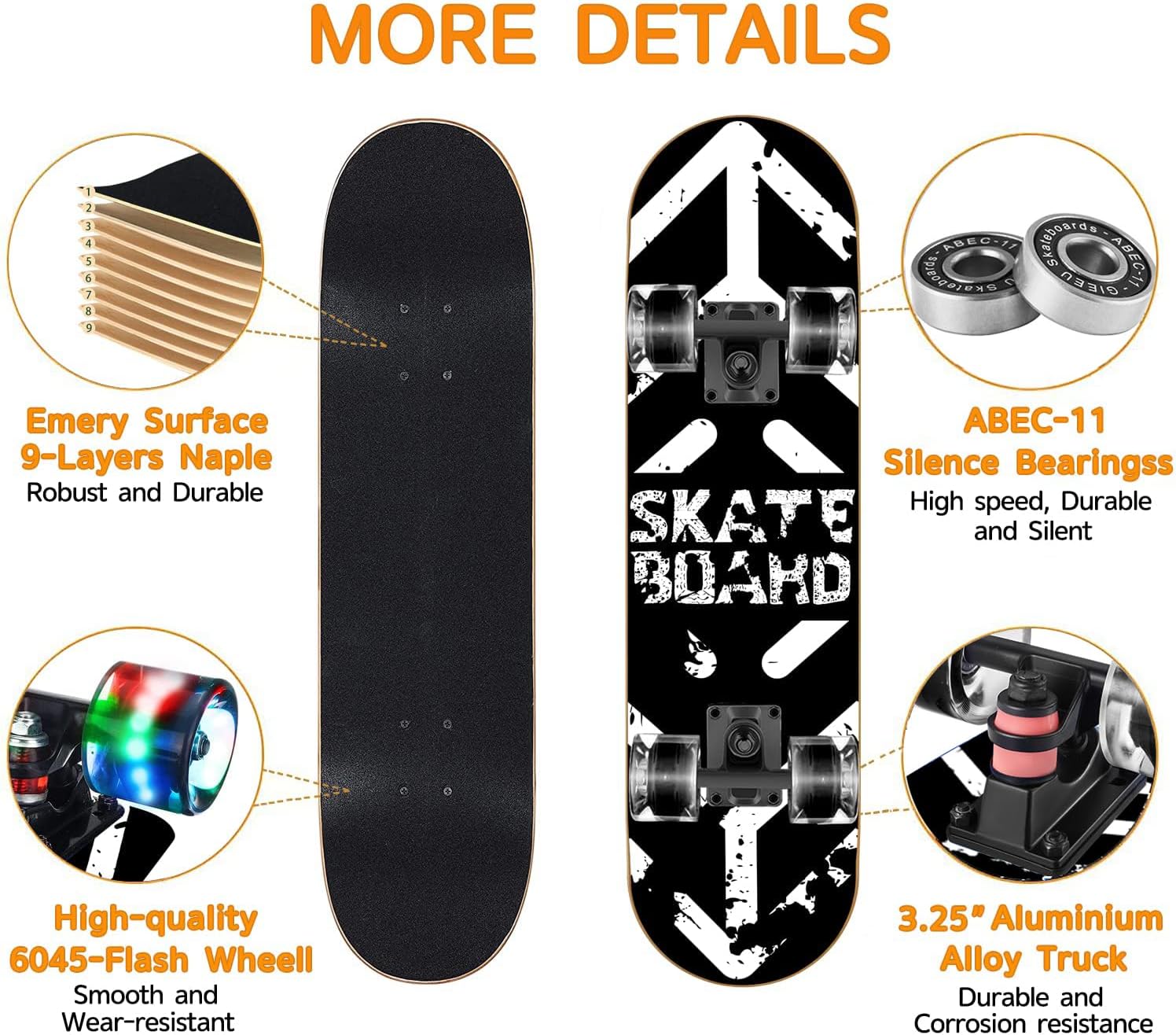 Skateboards with Colorful Flashing Wheels for Beginners,Kids,Teens,Adults, Complete Standard Skate Boards 9 Layer Canadian Maple Deck Concave Skateboard