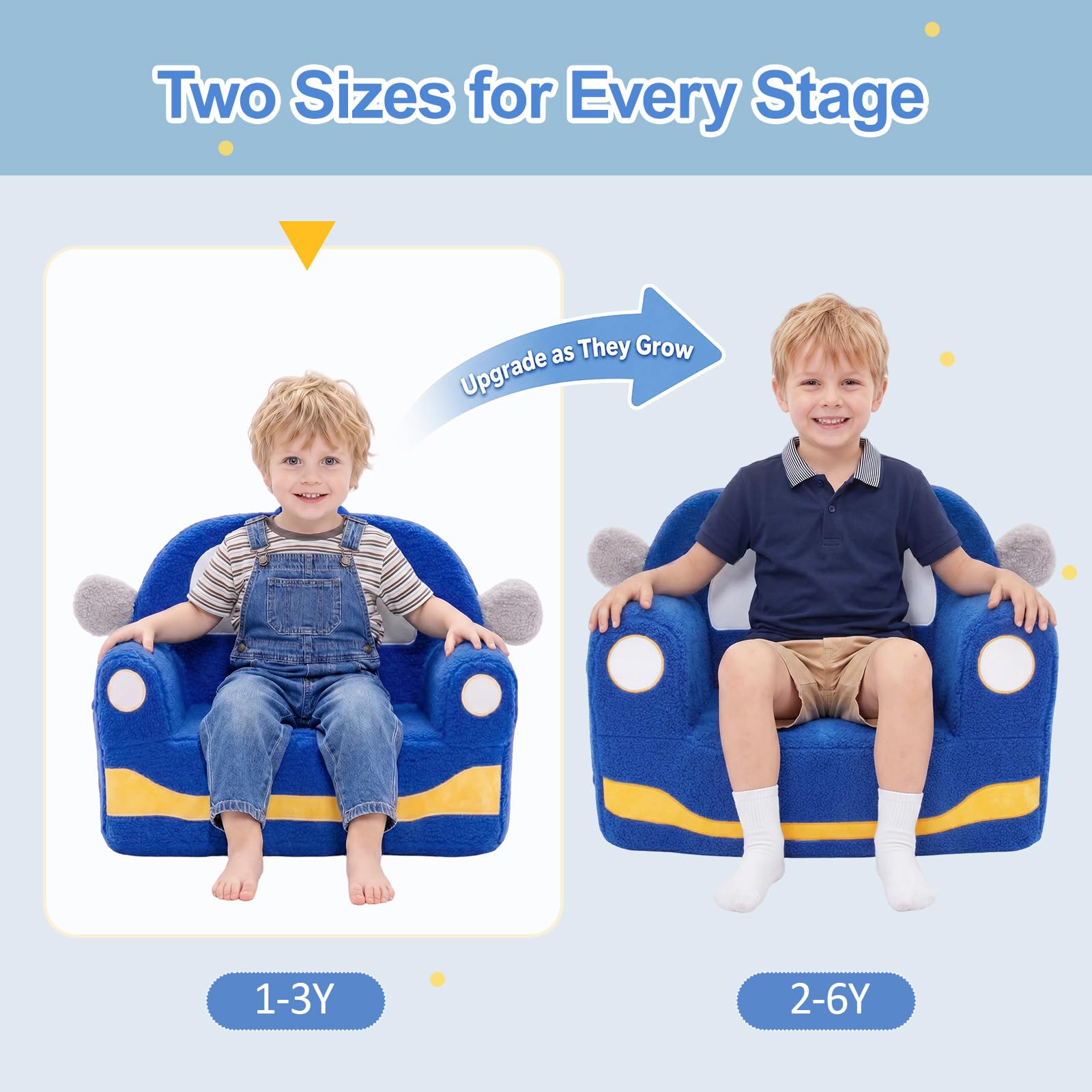 OUOZZZ Divanetto bambini 1-3 anni, poltrona poltroncina per bambini in sherpa morbido con cuscino, mini divano per cameretta， auto blu