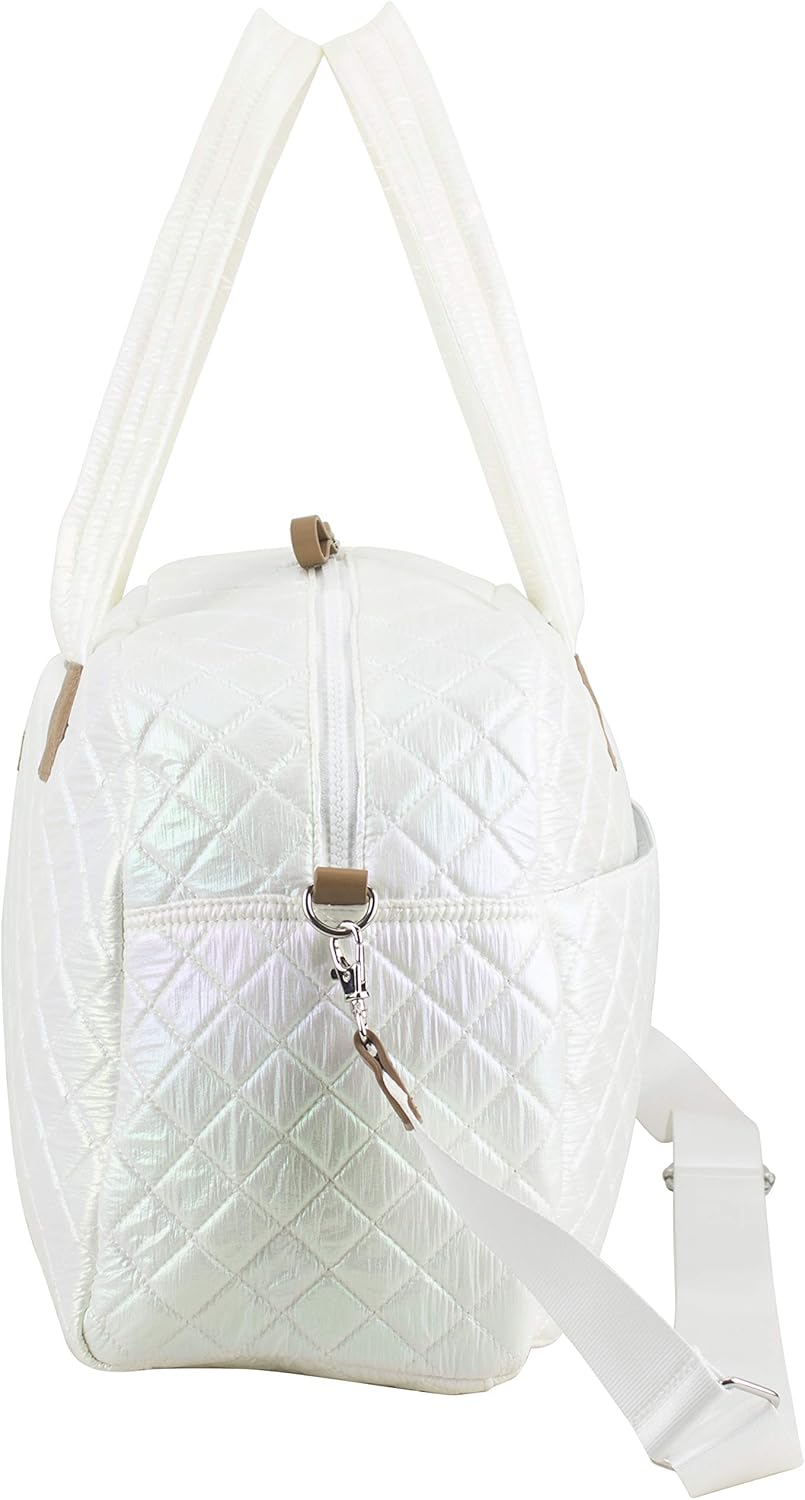 BODHI Quilted Luxe Travel Weekender Purse Shoulder Bag with Trolley Sleeve and Detachable Crossbody Strap, White Iridescent
