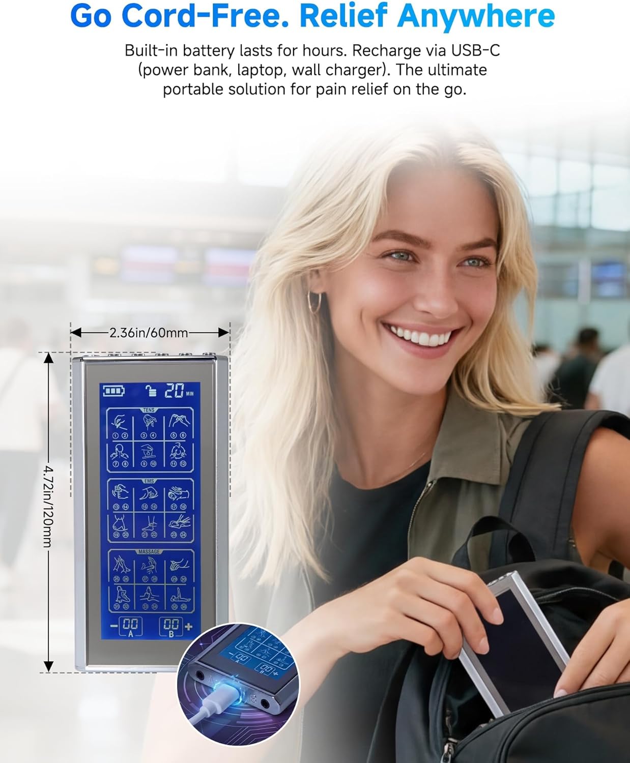 TENS EMS Unit Muscle Stimulator, Dual Channel 36 Modes Rechargeable TENS Machine for Back Neck Shoulder Sciatica Pain Relief, Electronic Pulse Massager for Pain Relief with 4 Premium Pads