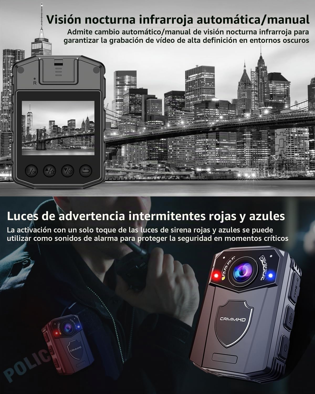 CAMMHD Cámara Corporal 2K Z3-32GB, 10h Autonomía, Visión Nocturna IR y Cifrado de Datos, Camara Corporal con 2 Clips Giratorios 360°, para Policía, Seguridad y Uso Personal