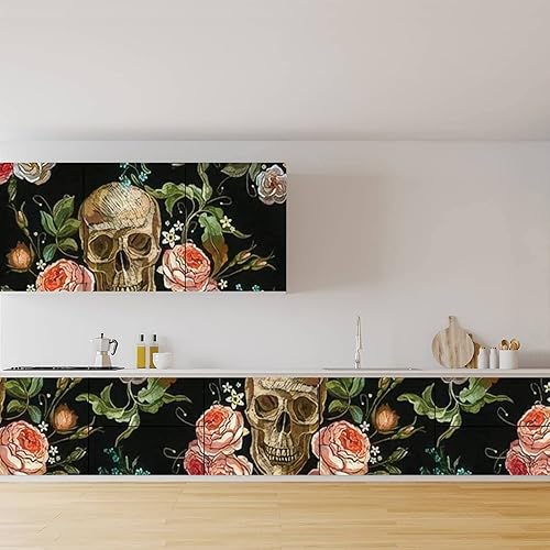 Miniatura 3 de Papel pintado de PVC con diseño de calavera y rosas sin costuras, diseño gótico romántico, papel de contacto extraíble, autoadhesivo, impermeable,