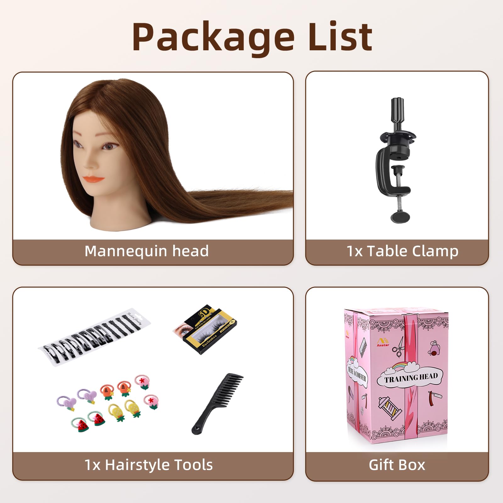 Testina Parrucchiere 80% Veri Capelli con Morsetto + Accessori