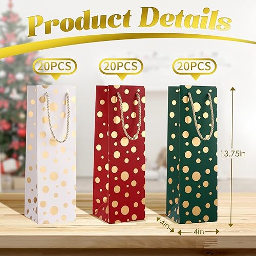 Miniatura 2 de Woanger 60 bolsas de regalo de vino de Navidad, bolsas de vino de papel kraft a granel con asa, bolsas de regalo de color rojo, verde y blanco, con