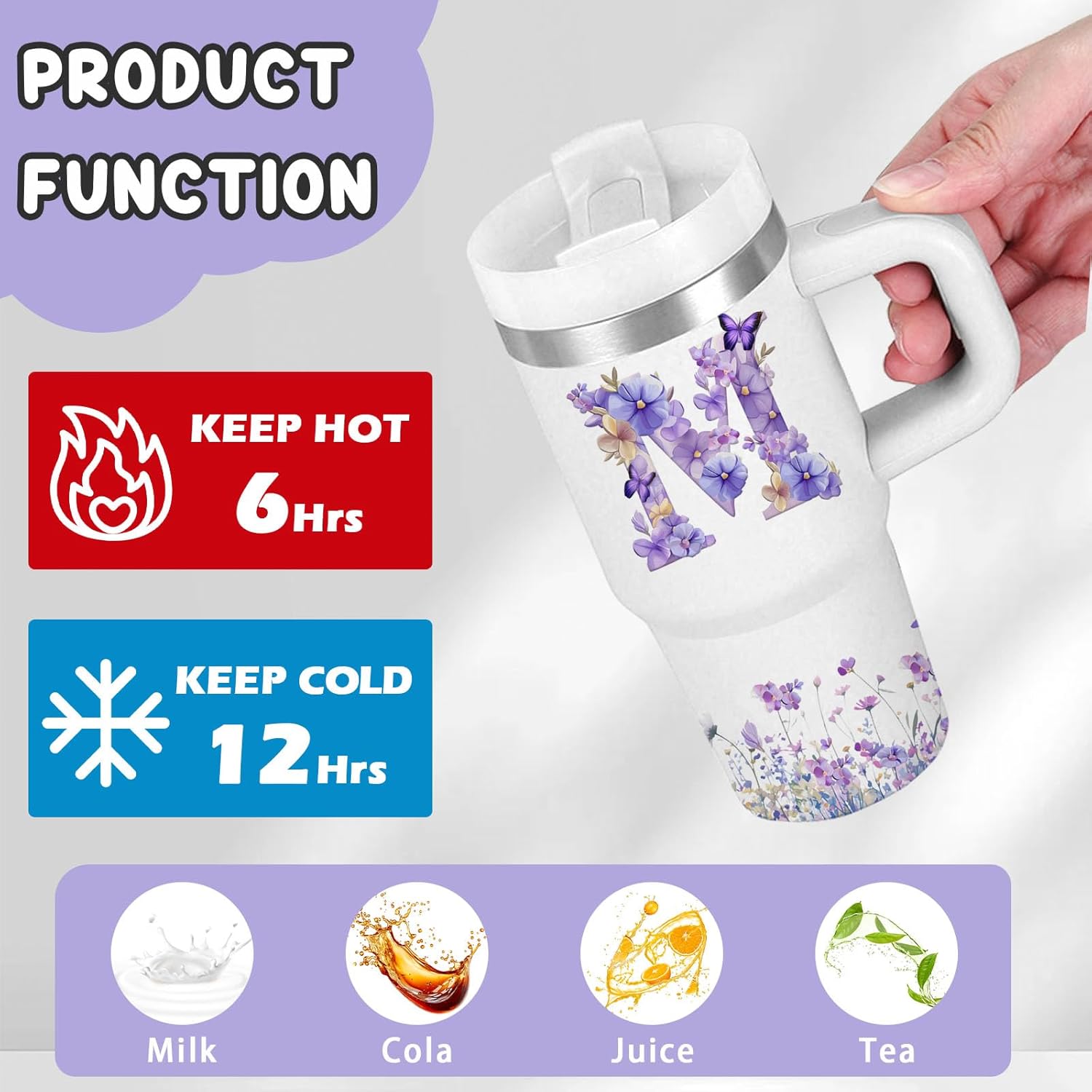 Letter M Tumbler Gifts, 14oz Letter M Themed Tumbler with Handle and Straw, Stainless Steel Double Wall Vacuum Insulated Cup Keep Hot Cold - 14oz Travel Mug with Lid Tumblers for Home Work Outdoor Use - Image 4