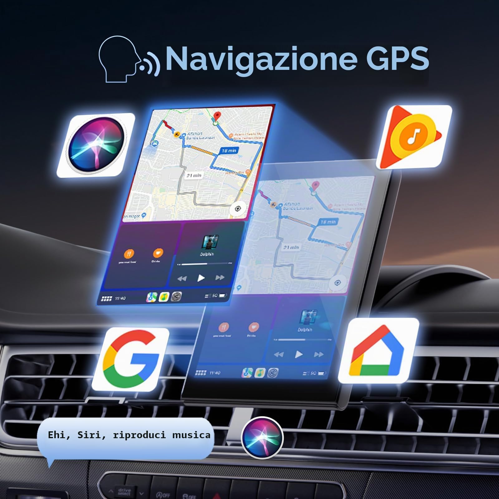 Display Portatile da 7" per Apple CarPlay e Android Auto | Schermo Orientabile Con Telecamera di Retromarcia, Mirror Link, Aggiornamenti OTA, Comando Vocale Bluetooth, per Autovetture