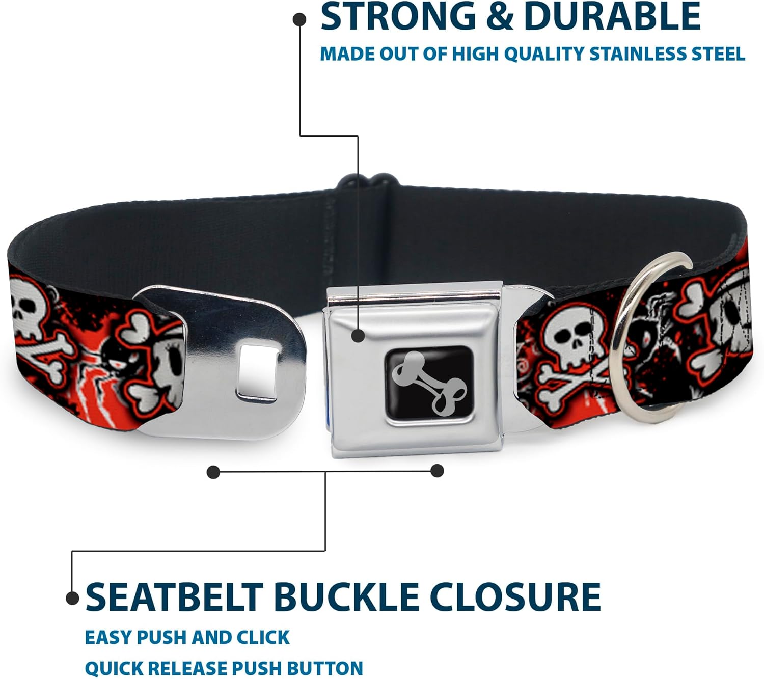 Buckle-Down Seatbelt Buckle Dog Collar - Girlie Skull Black/Red - 1" Wide - Fits 15-26" Neck - Large