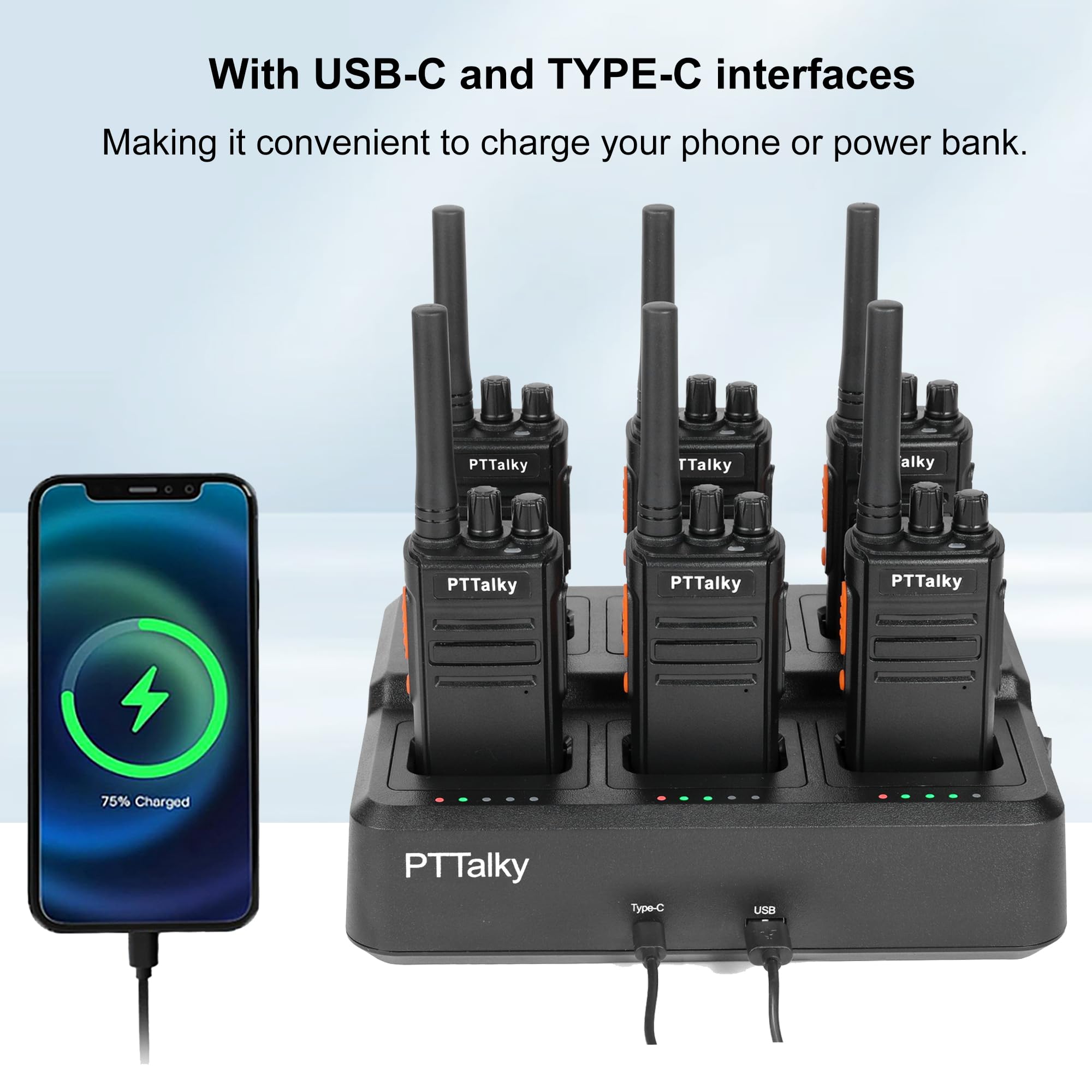 PTTalky Walkie Talkies with 6-Way Charger, Long Range Walkie Talkies, USB-C Charging, VOX, with Earpieces, FR1 2 Way Radios for Business School Warehouse - 2