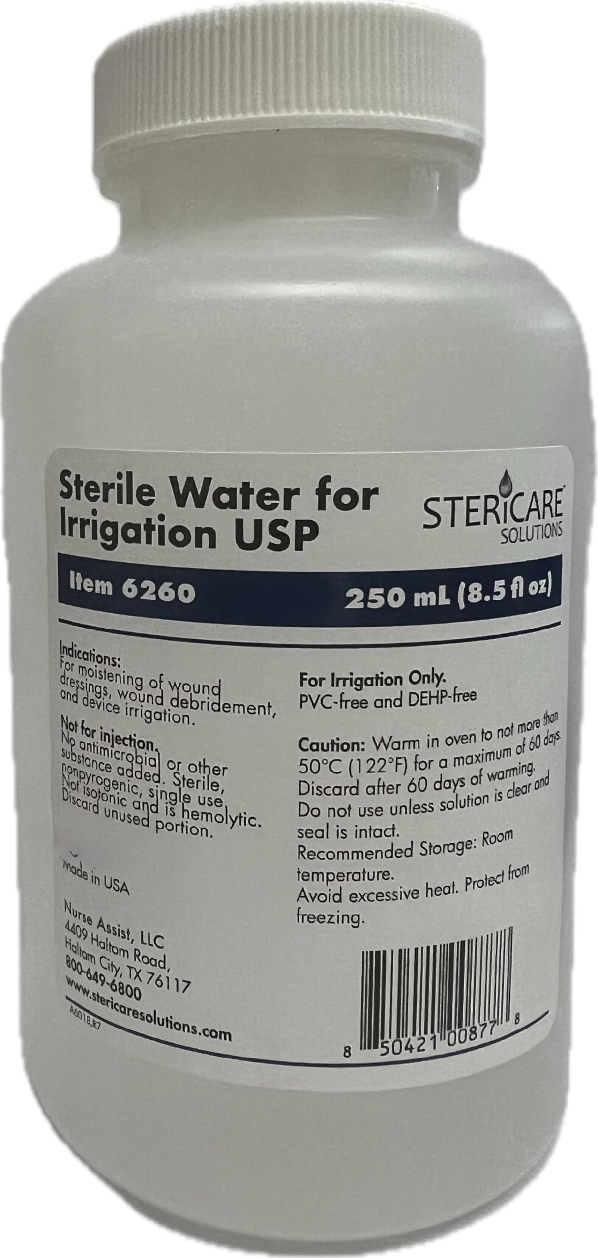 NA Sterile Solution for Irrigation, 250ml (8.5 fl oz), Case of 6 Bottles. Made in USA.