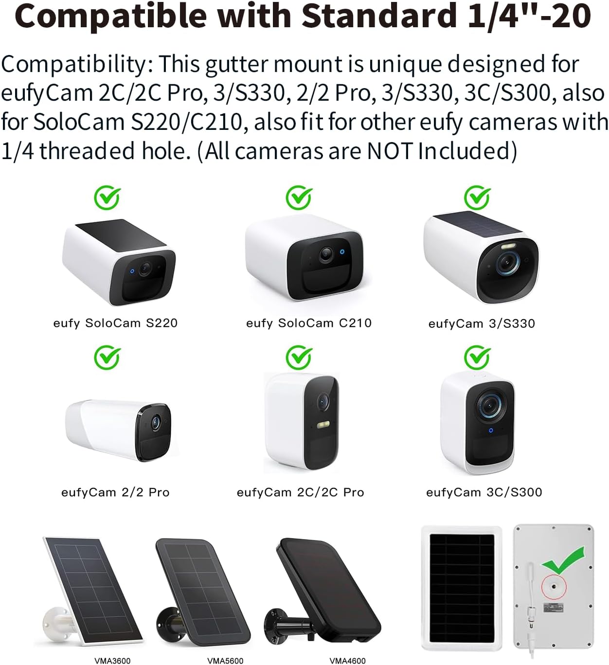 Tonton 2-Pack Gutter Mount Compatible with eufy Security SoloCam S220/C210, eufyCam 2C/2C Pro, 3/S330, 2/2 Pro, 3C/S300, 360° Adjustable Weatherproof Mounting Bracket for Eufy Security Camera