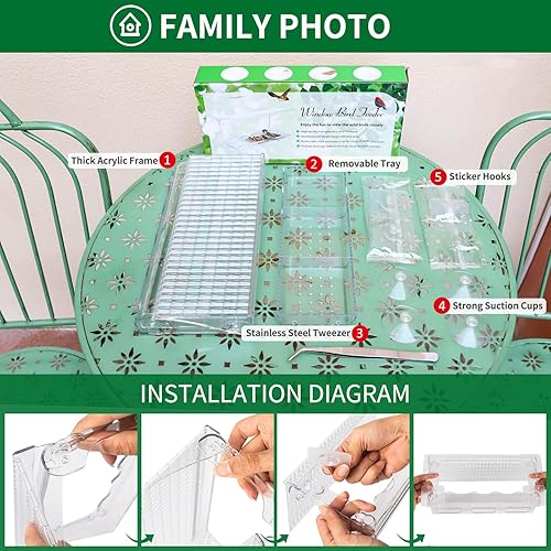 Miniatura 3 de Comedero para pájaros de ventana grande con semillas extraíble y bandeja de agua, para aves silvestres con ganchos adhesivos súper fuertes + ventosa