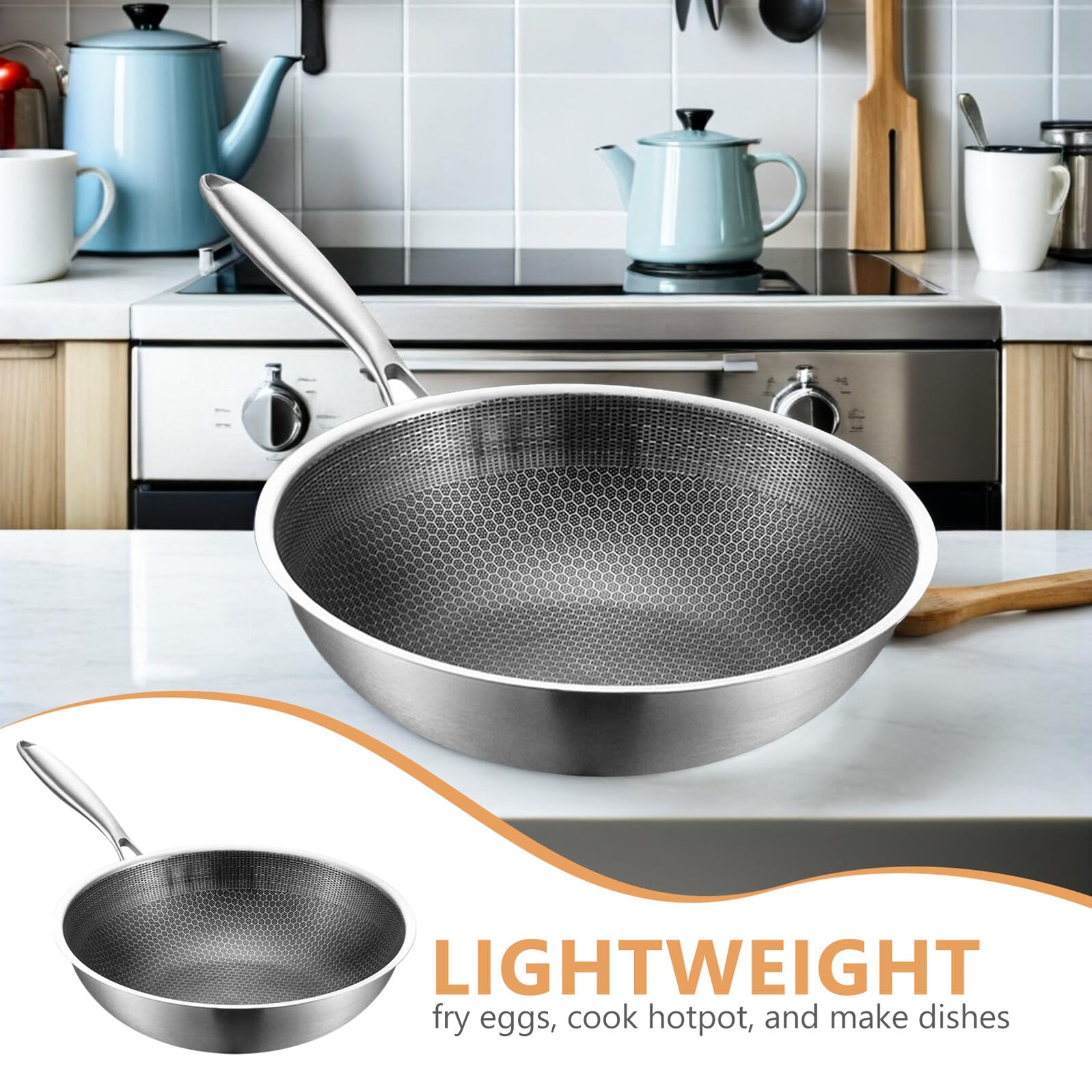 Padella Wok in Acciaio 32 Cm Antigraffio Antiaderente Manico Ergonomico Per Cucina a Gas, Forni Elettrici e Ceramica, Padella Profonda Per Friggere Verdure e Frutti Di Mare