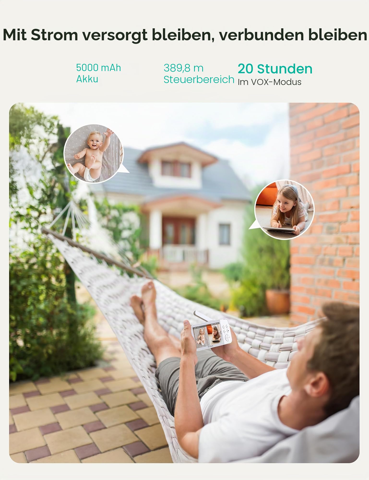 Dr.Care VistaView Smart WLAN Babyphone mit 2 Kameras, 5” 1080P HD, 2K Kamera, App-Steuerung, Bewegungs- & Weinen-Alarm, Nachtsicht, 5000mAh, Zwei-Wege-Audio, 390m Reichweite