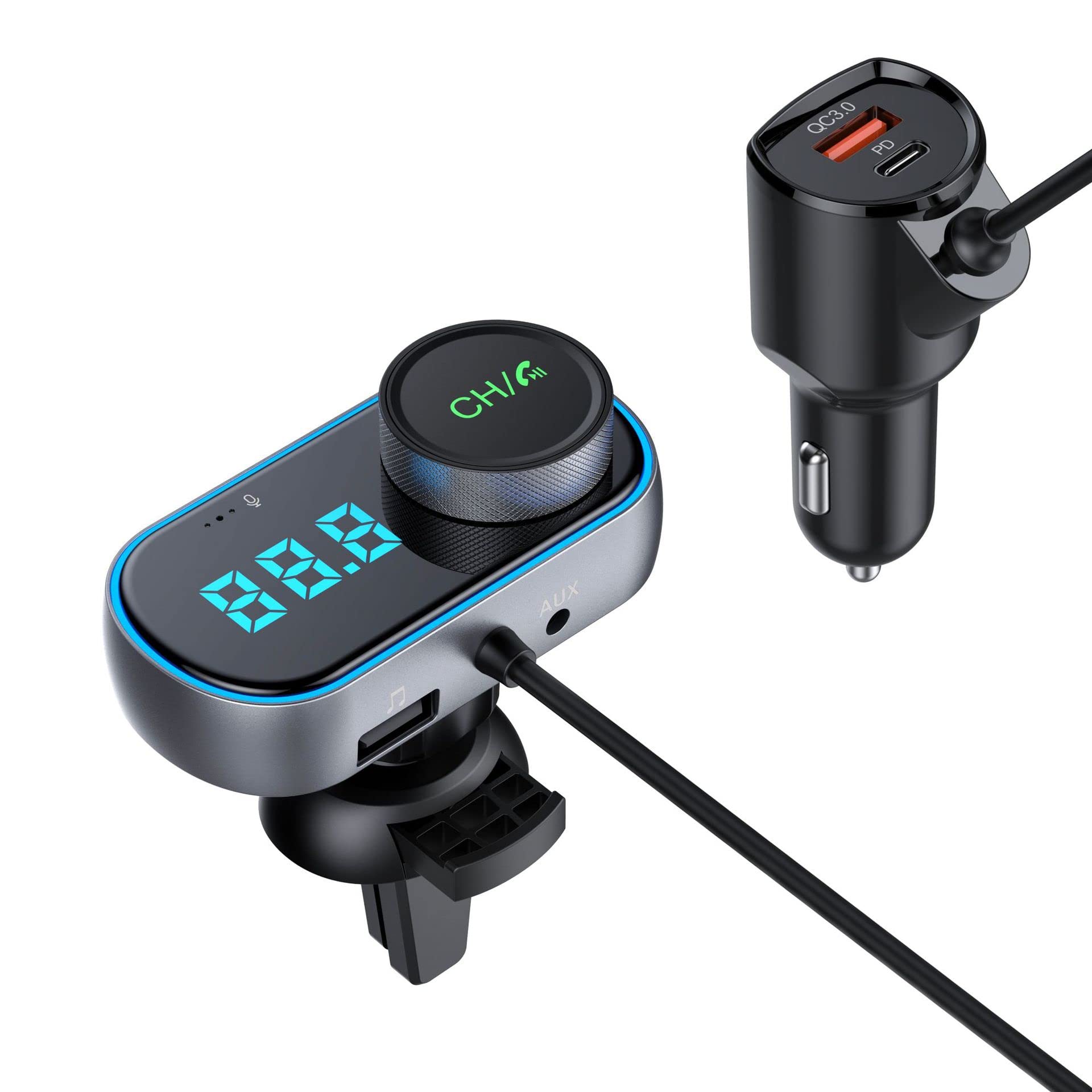 Bluetooth Car Adapter, Wireless Bluetooth 5.0 FM Transmitter for Car with QC3.0 & PD 18W Charger, Hands-Free Call, Support TF Card AUX Siri Google Assistant