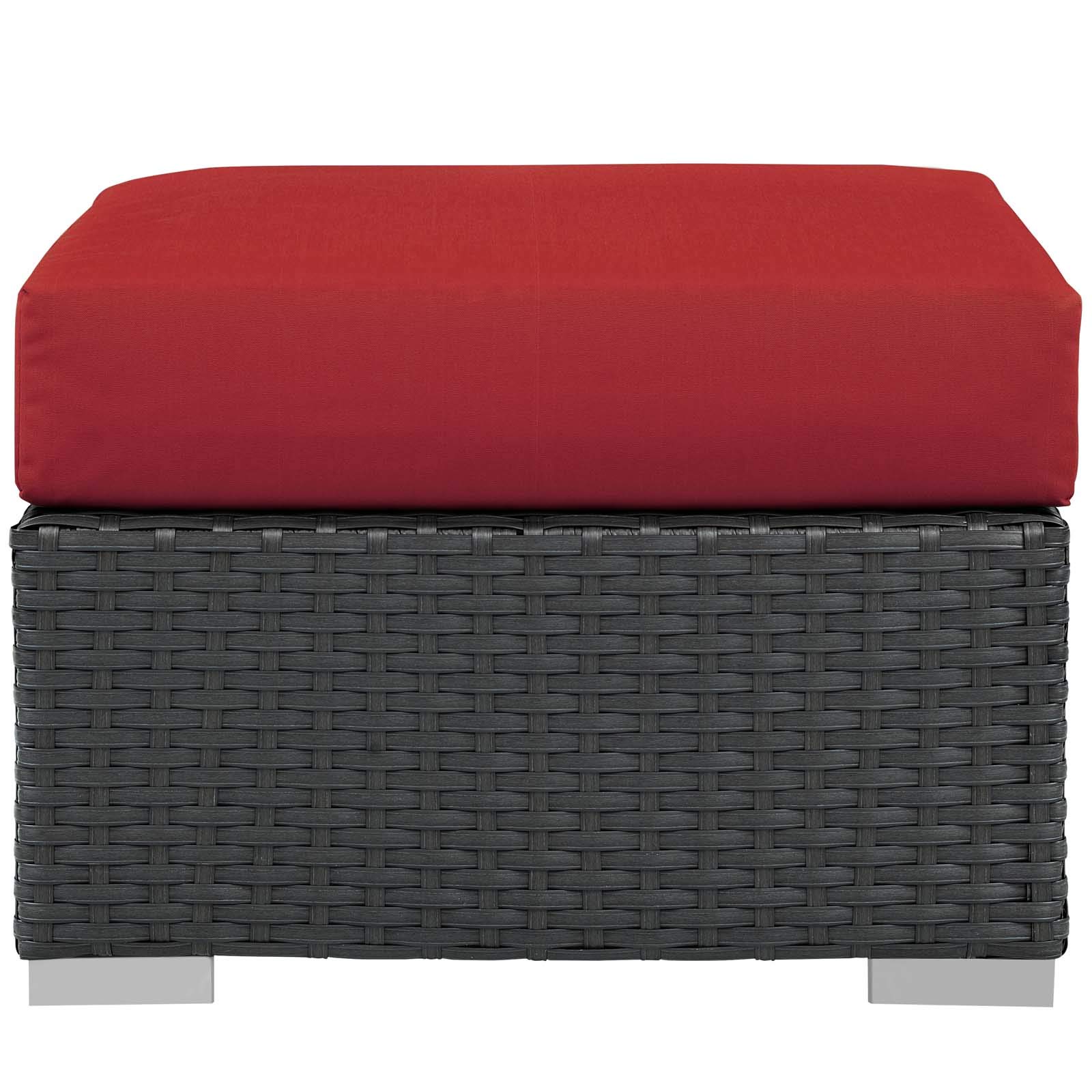 Modern Contemporary Outdoor Patio Balcony Garden Lounge Chair Ottoman, Rattan Wicker, Red