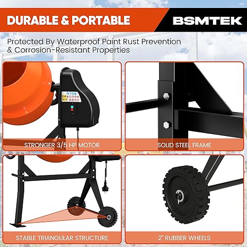 Miniatura 4 de Mezclador de cemento BSMTEK de 4.3 pies cúbicos, mezclador de hormigón eléctrico portátil de 3/5HP y 450W con soporte y ruedas para yeso, mortero,