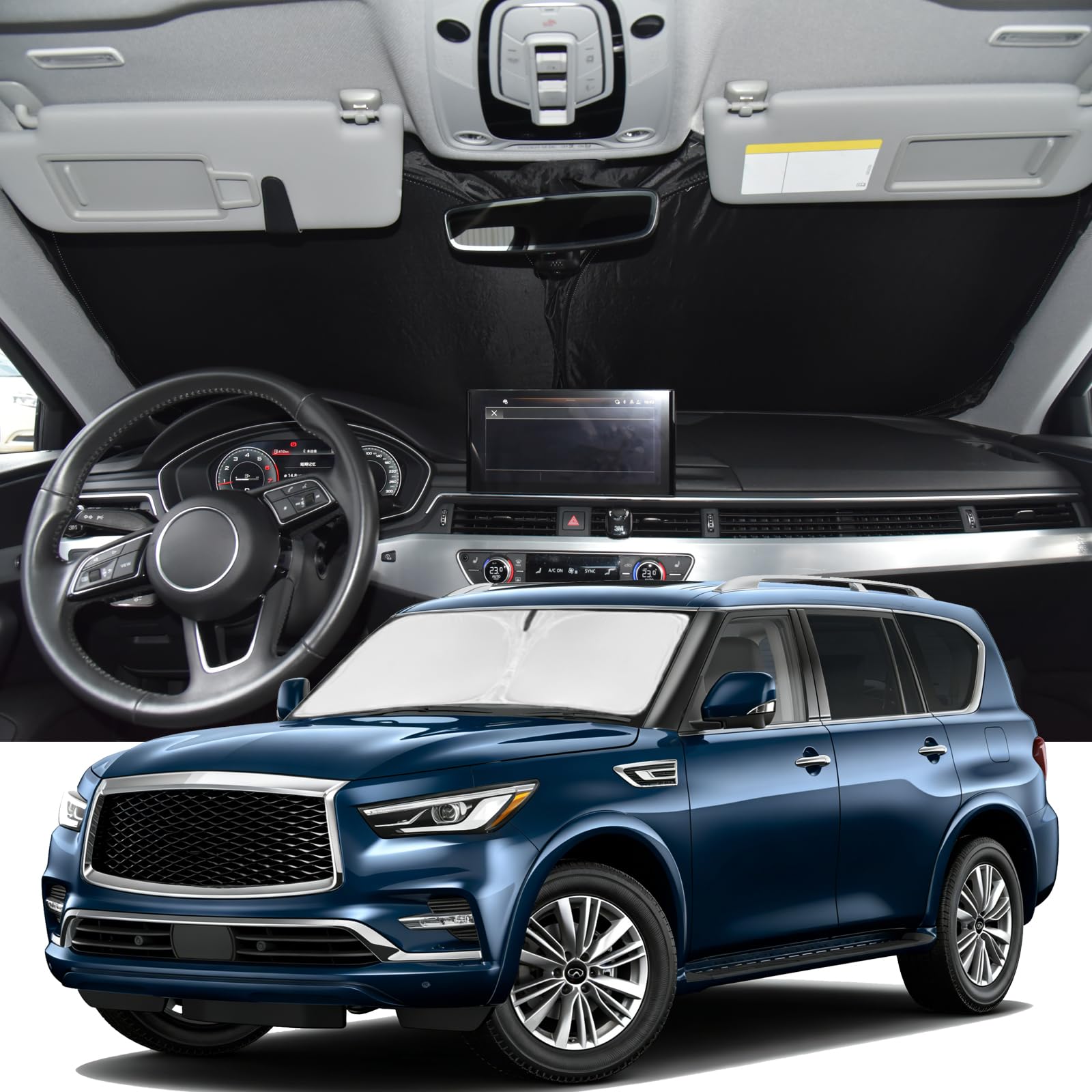 Windshield Sunshade for Infiniti QX80 2014-2024 Sun Shade | Upgrade 4 Layers Blocks UV Rays Custom Fit QX80 240T Car Window Shades Front Windshield Keep Cool Foldable Car Accessories