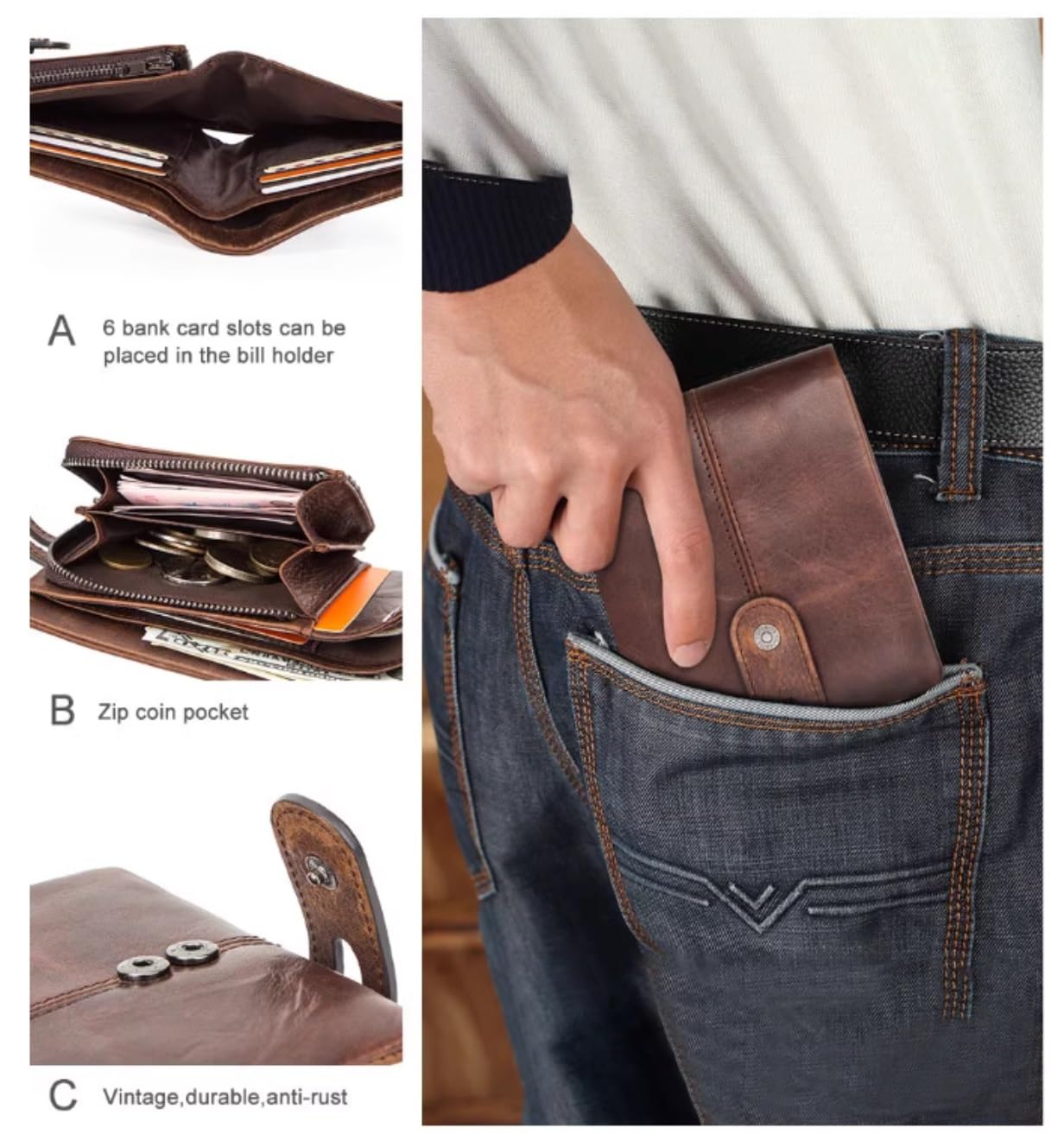 Funzione Di Contenimento Portafoglio Da Uomo In Pelle 1 Pezzo Retrò Casual Corto Con Pochette Lavoro Di Grande Capacità Per Viaggio Uso Quotidiano(Black)