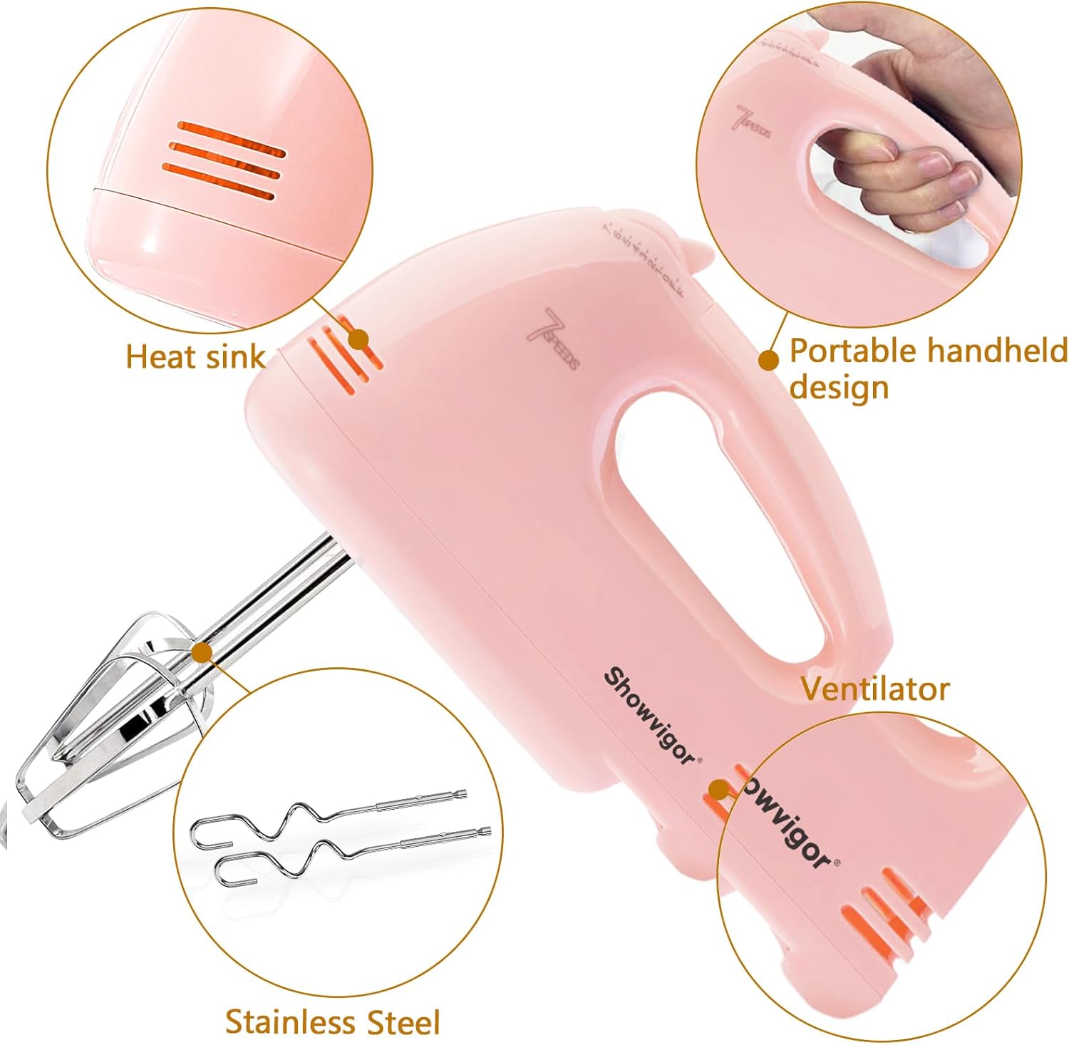 handmixer electric handheld - 7 speed portable kitchen mixer electric with 5 stainless steel accessories whisk, food beater for whipping mixing cookies cakes eggs, pink